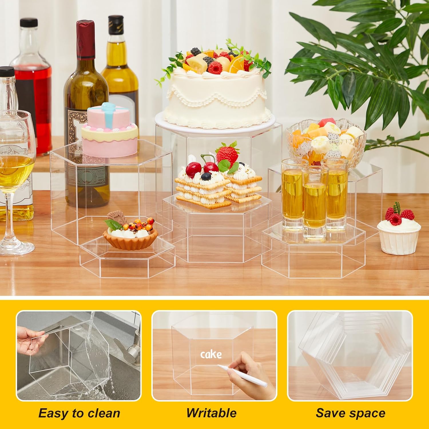 Acrylic Buffet Risers Stands for Food Display Cubes Box / Clear / 5.5 To 8 Inch / Hexagonal / 8 Inch