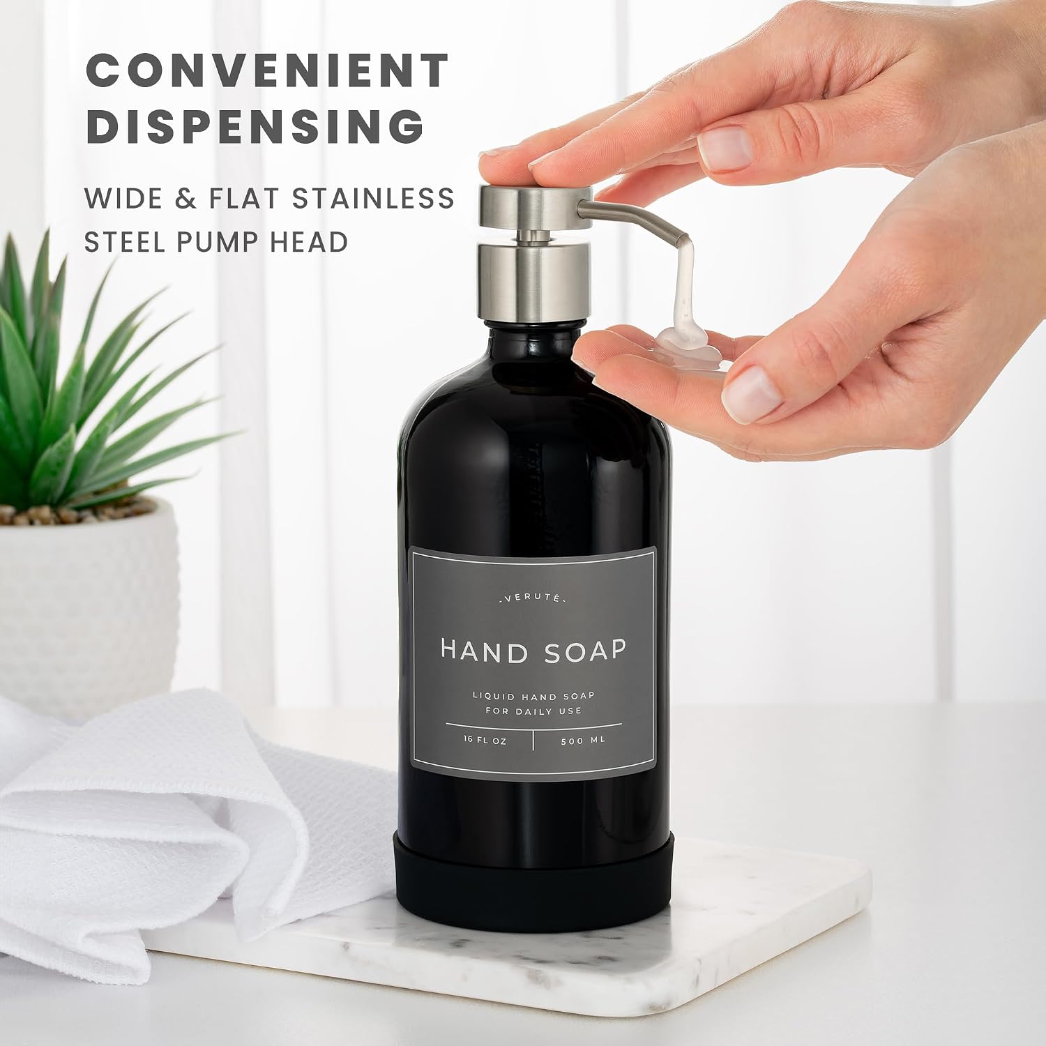 Hand and Dish Soap Dispenser for Kitchen and Bathroom, Set of 2 16 Oz Glass Bottles, Stainless Steel Pumps, Non-Slip