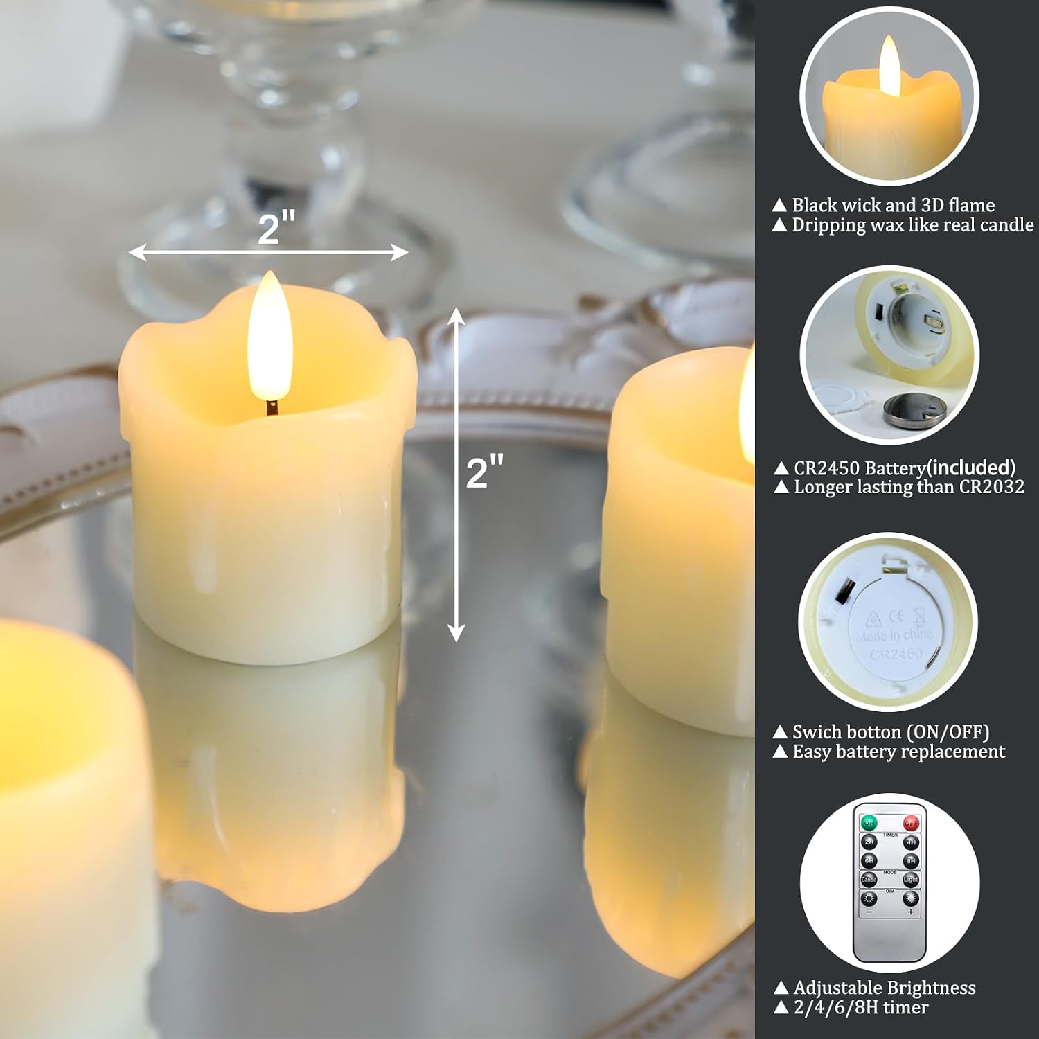 Lezonic Flameless Votive Candles Battery Operated with Remote and Timer, Pack of 6 (D:2" X H:2") LED Ivory White Long