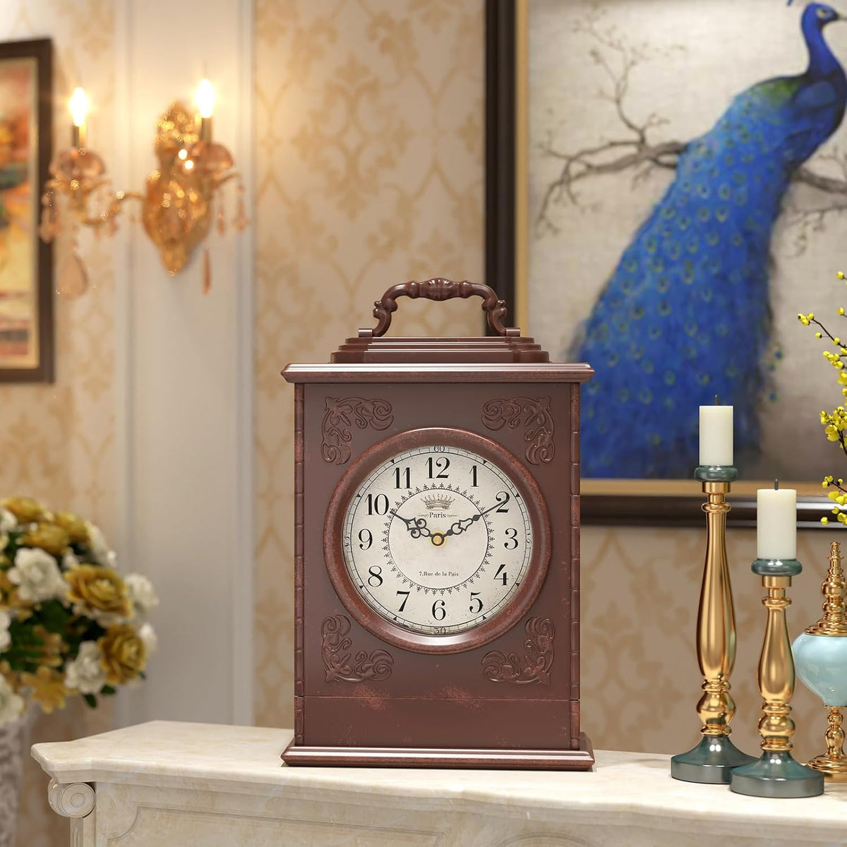 Vintage Mantel Clock with Hidden Safe, Antique Brown Style | Fireplace Clocks, Desk and Shelf Clock for Living Room