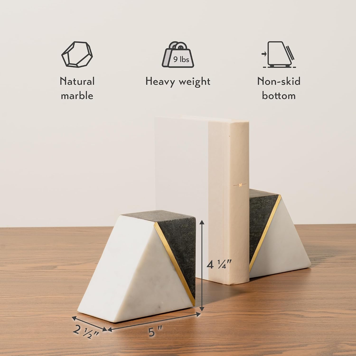 Marble Book Ends / White / Grey + Brass