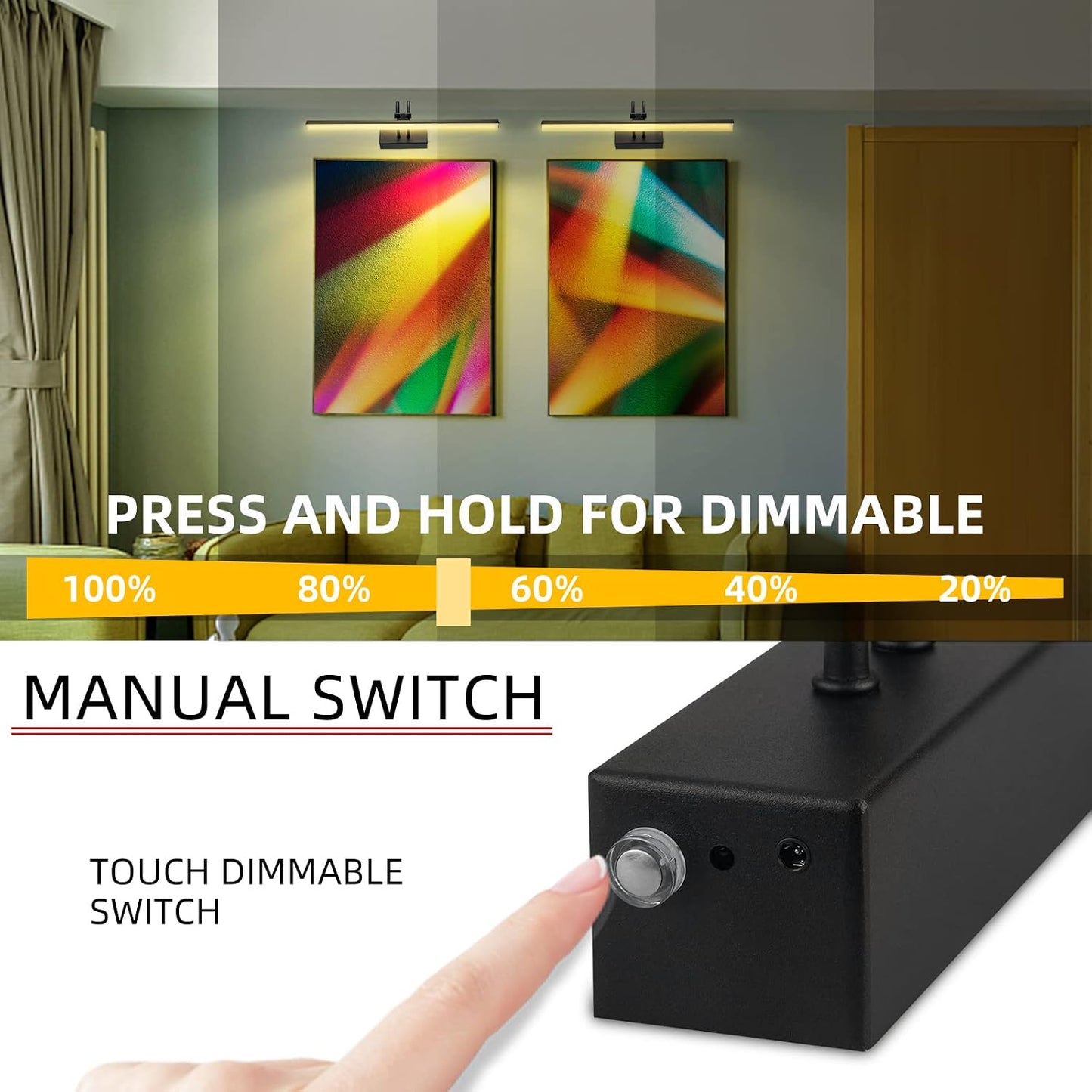 Picture Light for Wall,5000mAh Wireless Wall Light,20" Art Light,,Black | Rechargeable Photo Lights,Remote Timer and