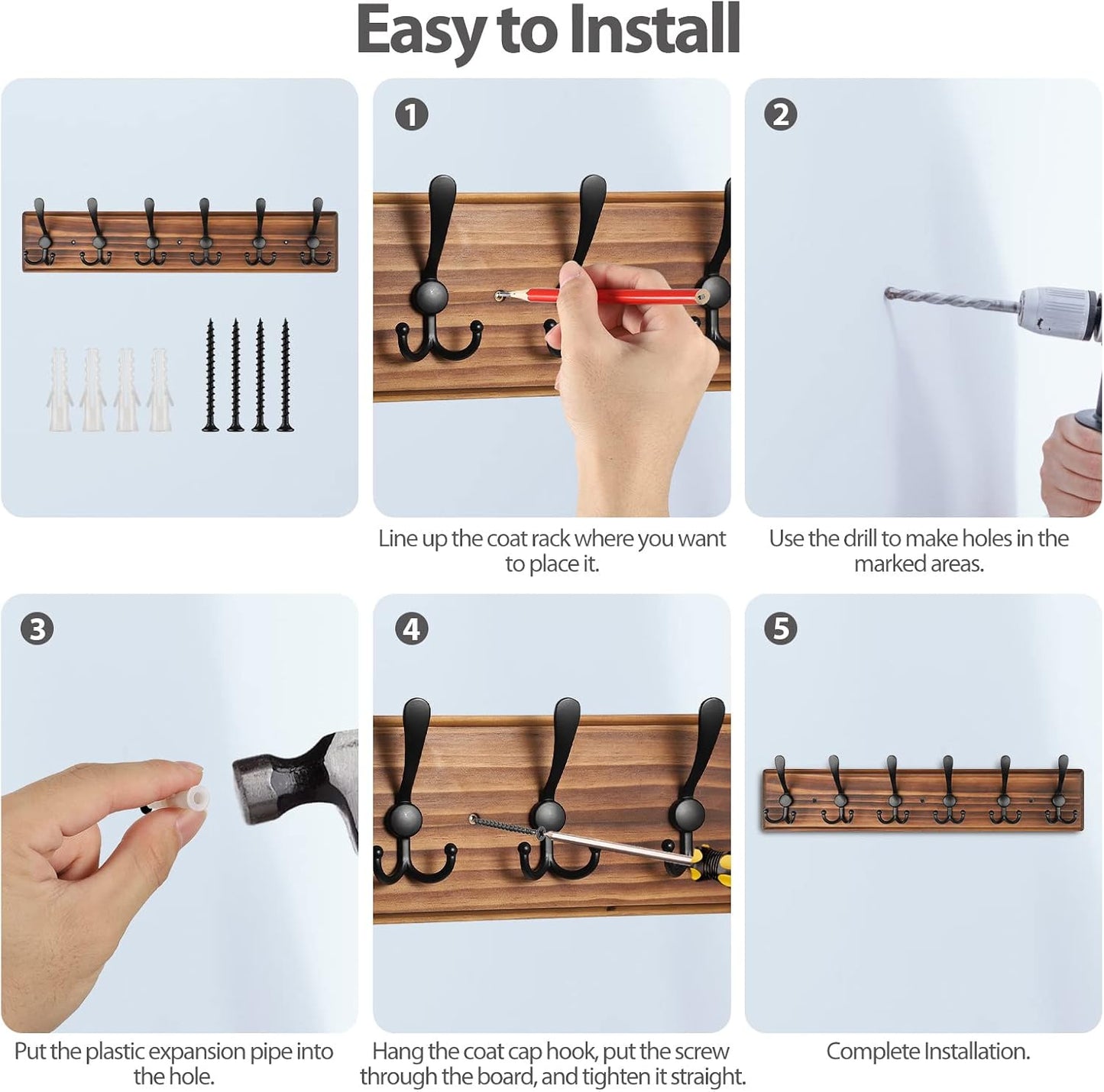 Coat Rack Wall Mount, Wooden Heavy Duty Coat Rack for Wall,6 Triple Coat Hanger Hooks for Hanging
