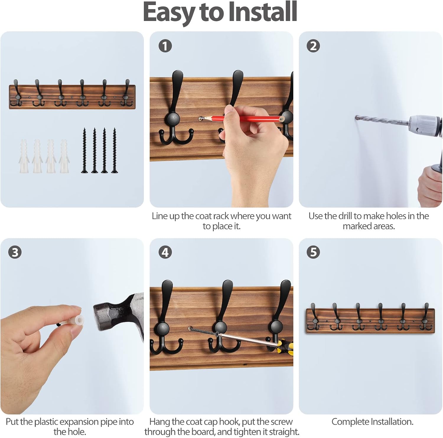 Coat Rack Wall Mount, Wooden Heavy Duty Coat Rack for Wall,6 Triple Coat Hanger Hooks for Hanging
