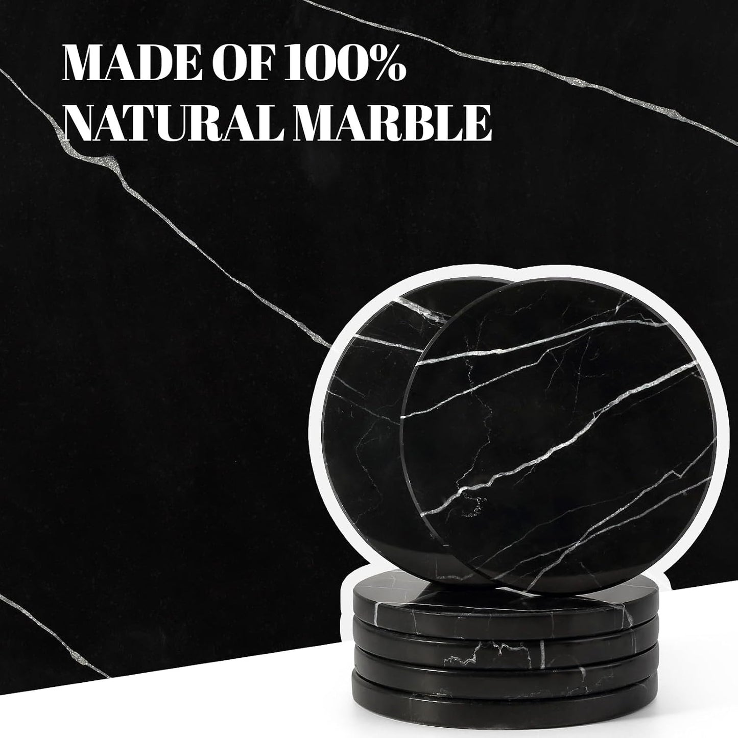 Black Marble Coasters / Nero Marquina Black / 3.9 Inch / Set of 6