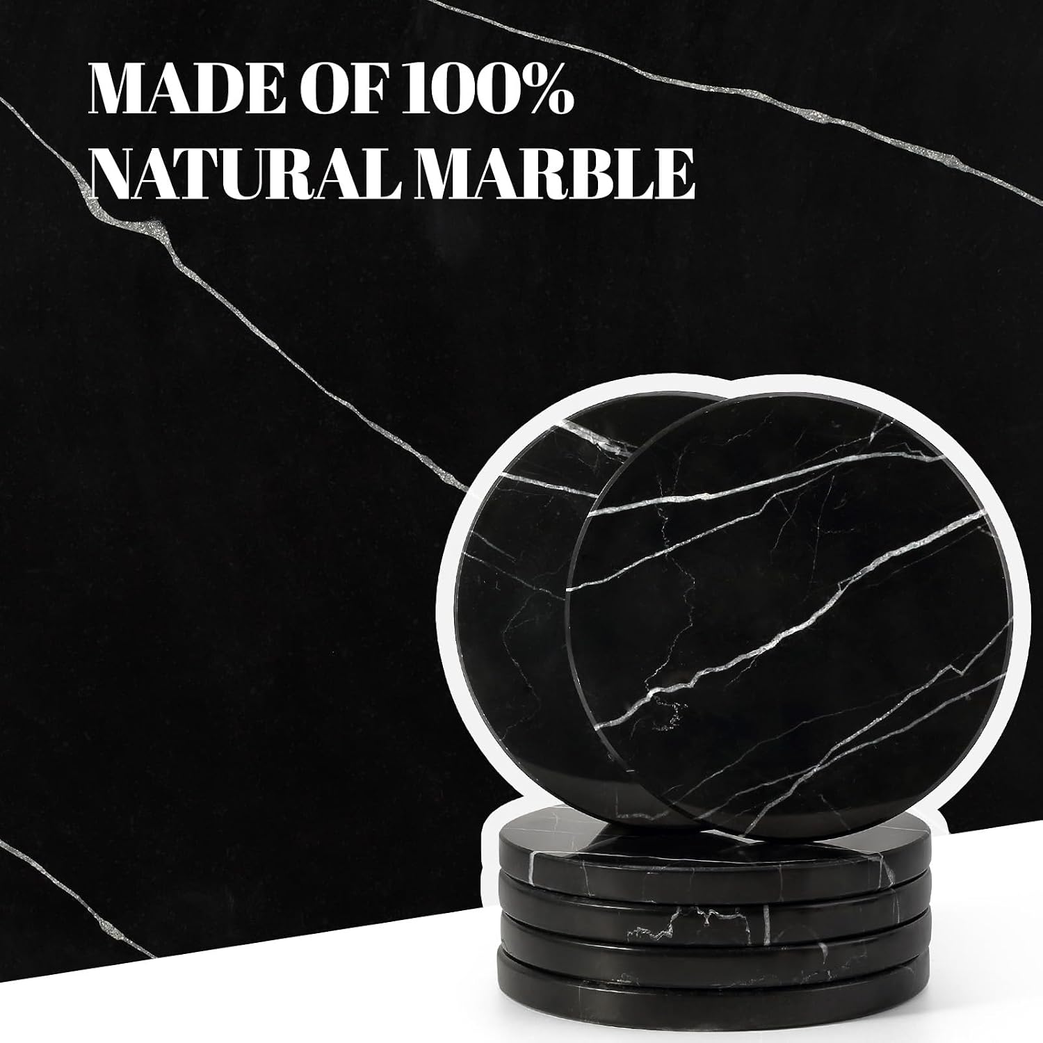 Black Marble Coasters / Nero Marquina Black / 3.9 Inch / Set of 6