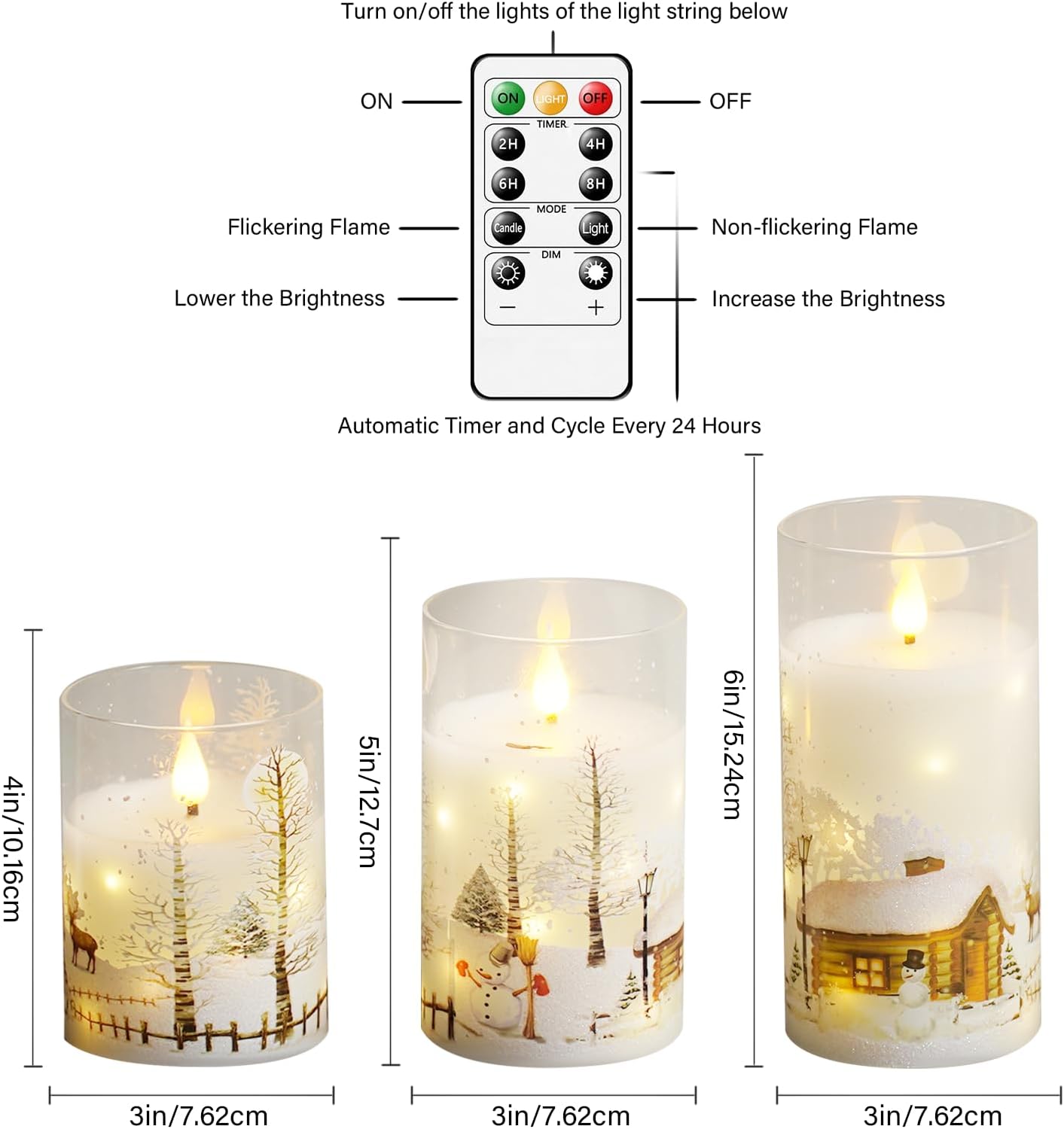 Christmas Flameless Candles with Remote - White LED Candles & String Lights, with Glass casing Battery Operated Set of