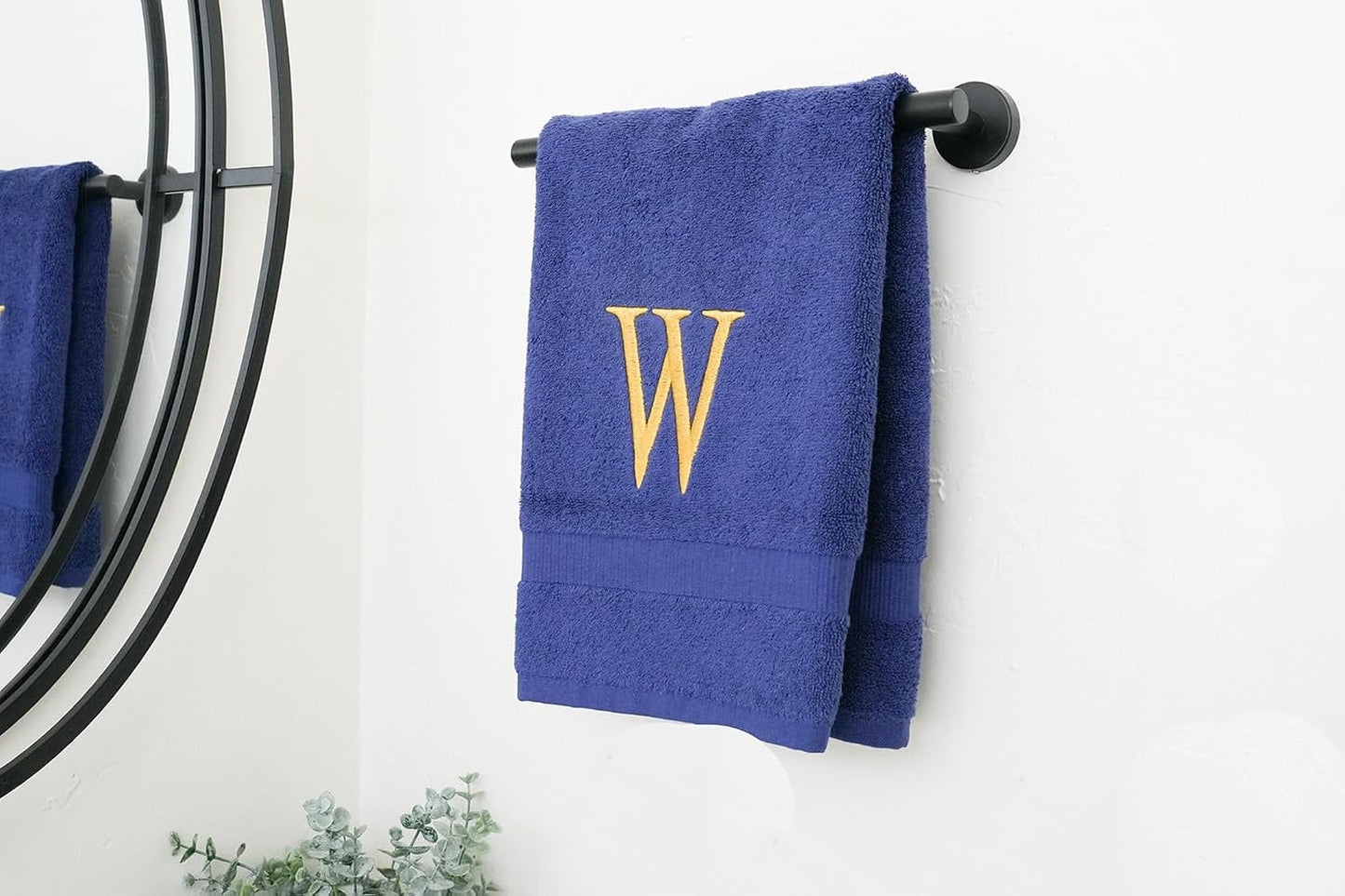 Navy with Gold Monogrammed Hand Towels for Bathroom - Set of 2 Letter W | Luxury Hotel Quality Initial Towels For