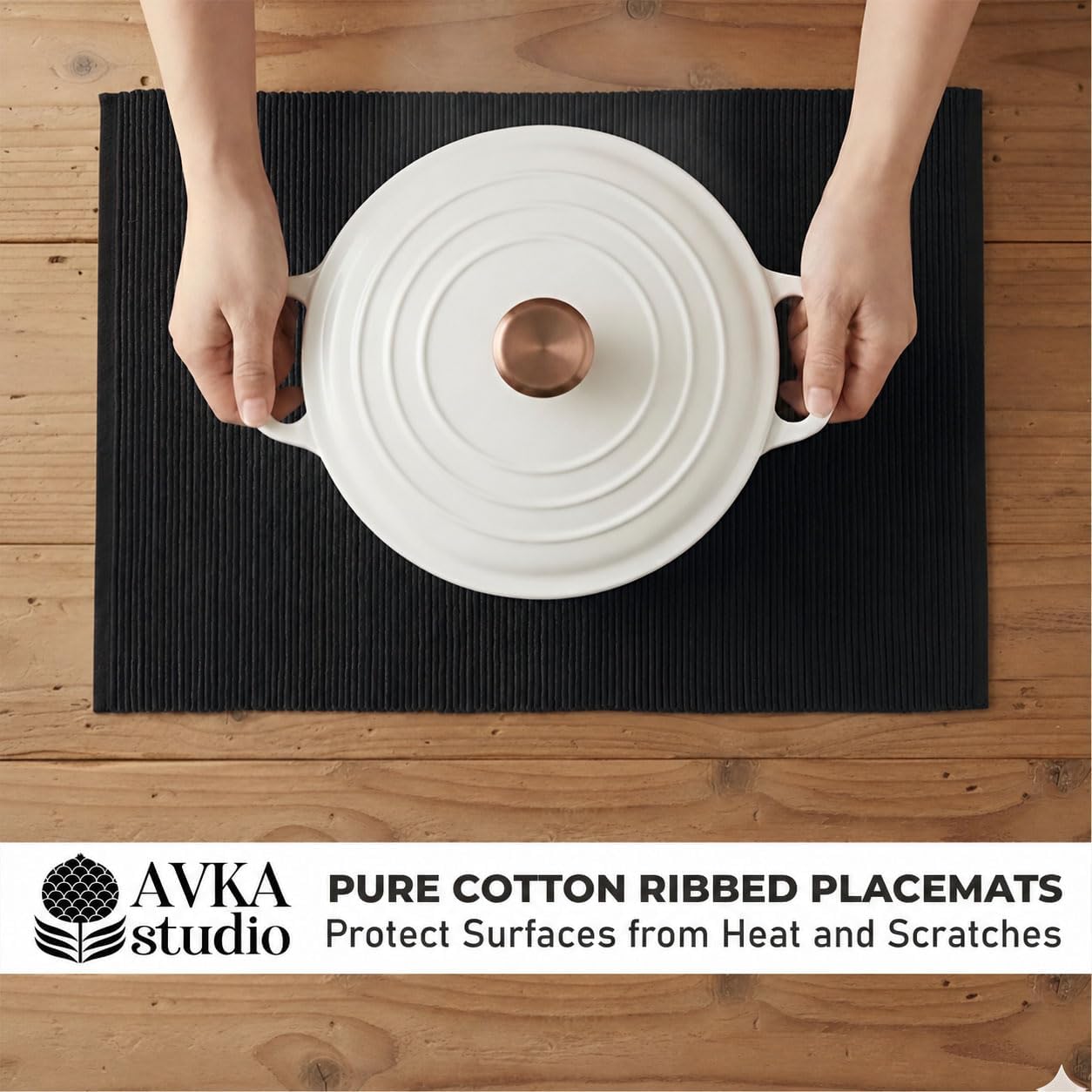 100% Cotton Ribbed Placemats - Set of 8-13 x 19 Inches - Black - Everyday Cloth Table Mats - Thick Construction