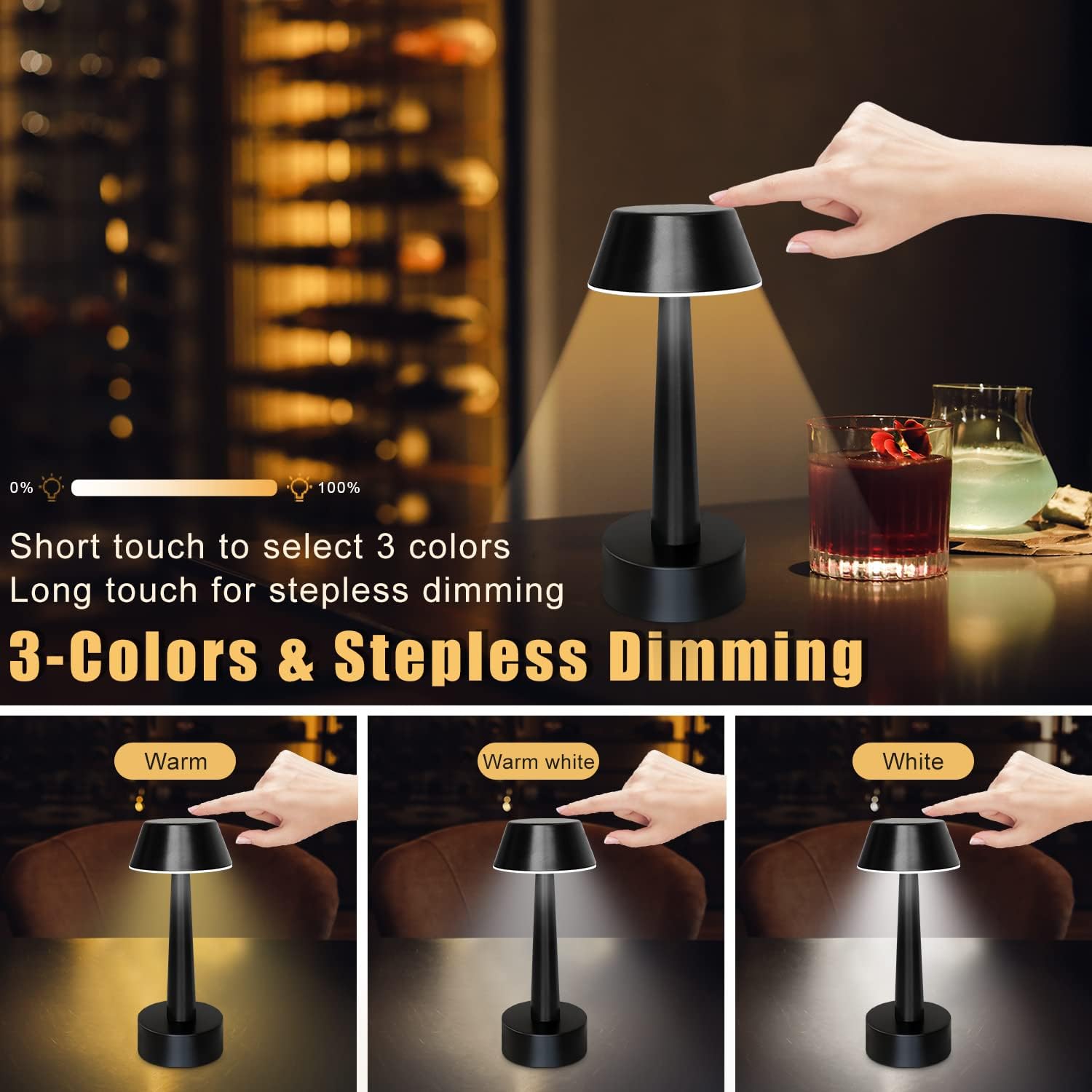 UMEXUS 8.8'' Small Cordless Batttery Operated Table Lamp for Restaurant Bar | Rechargeable 3-Way Stepless Dimmable