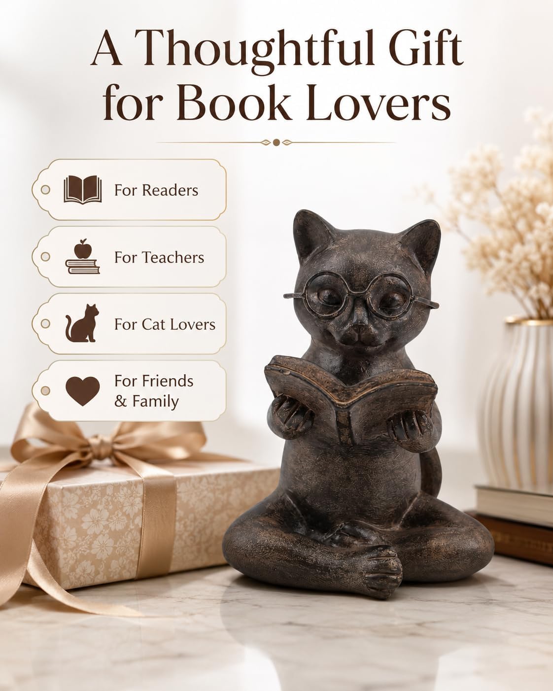 Cat Figurine Reading Book / Reading Cat / Bronze