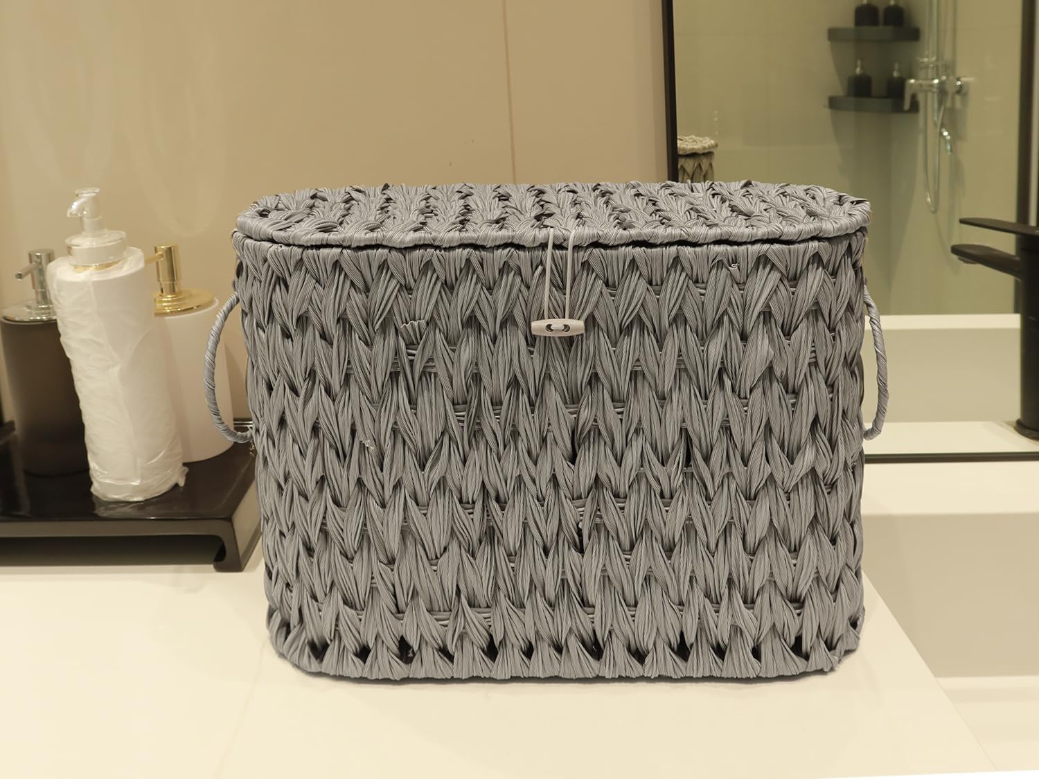 Coeusy Toilet Paper Storage Basket with Lid,Wicker Toilet Paper Holder Stand,Narrow Decorative Woven Bathroom Basket