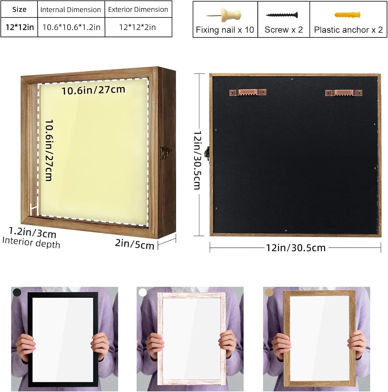 TJ.MOREE Shadow Box 12x12 Memory Display Case Wood Picture Frame Carbonized | Fits 10.6x10.6 Inserts with Linen Back &