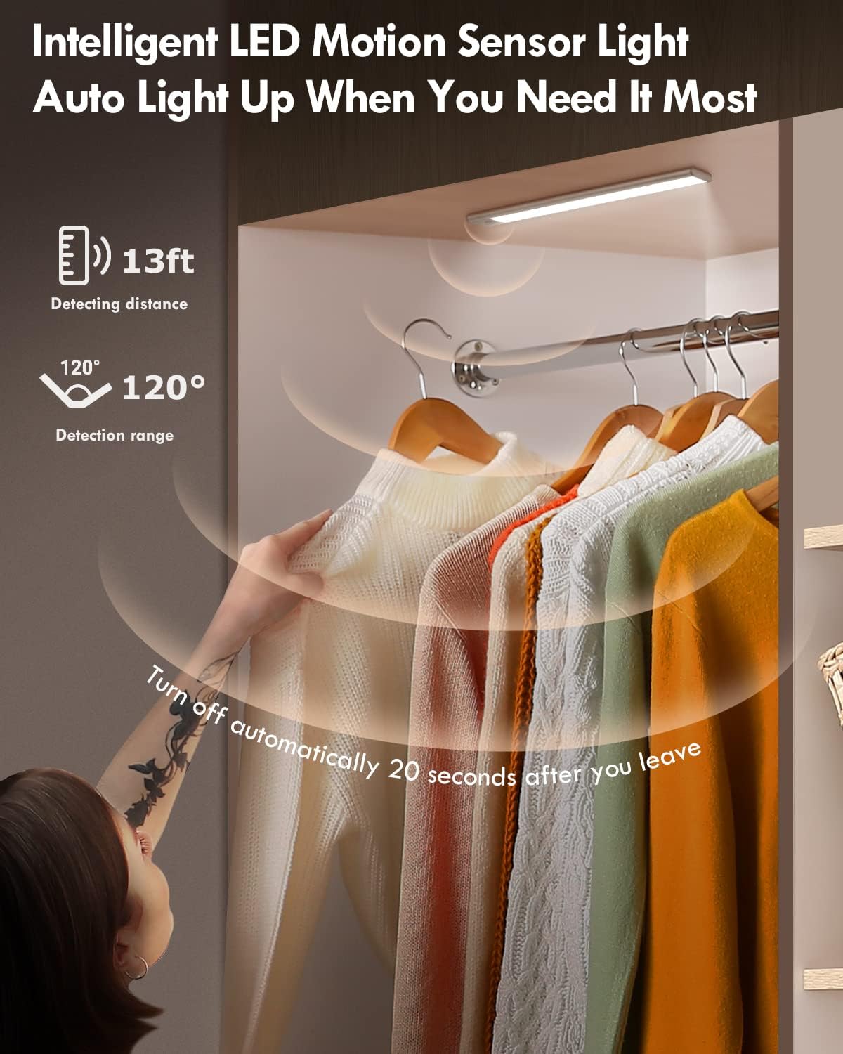 BLS LED Closet Lights, 52LED Motion Sensor Light Indoor, Under Cabinet Lights Rechargeable USB-C Under Cabinet