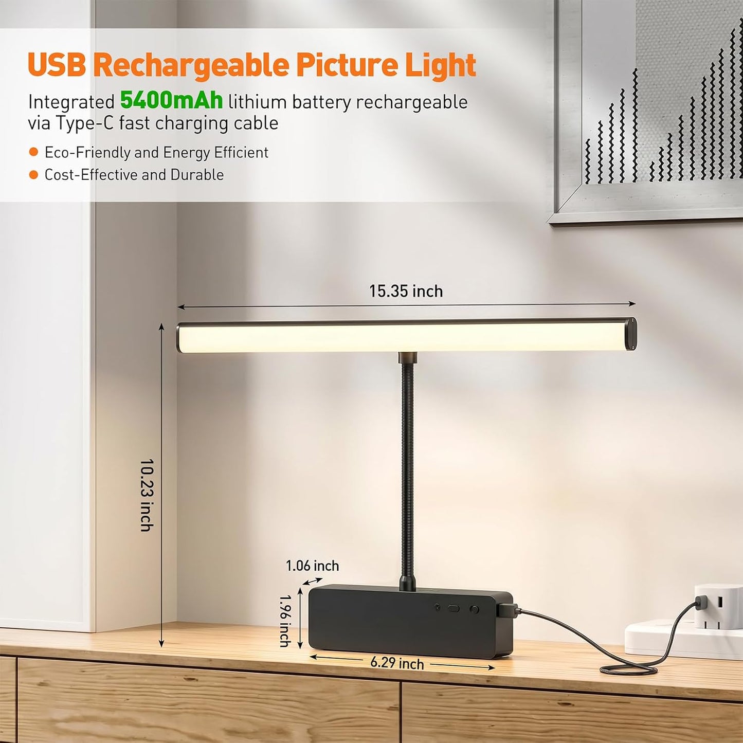Picture Light, 15.35inch Wireless Picture Lights for Wall Rechargeable, 5400mAh Battery Wall Light with Remote, 3 Color