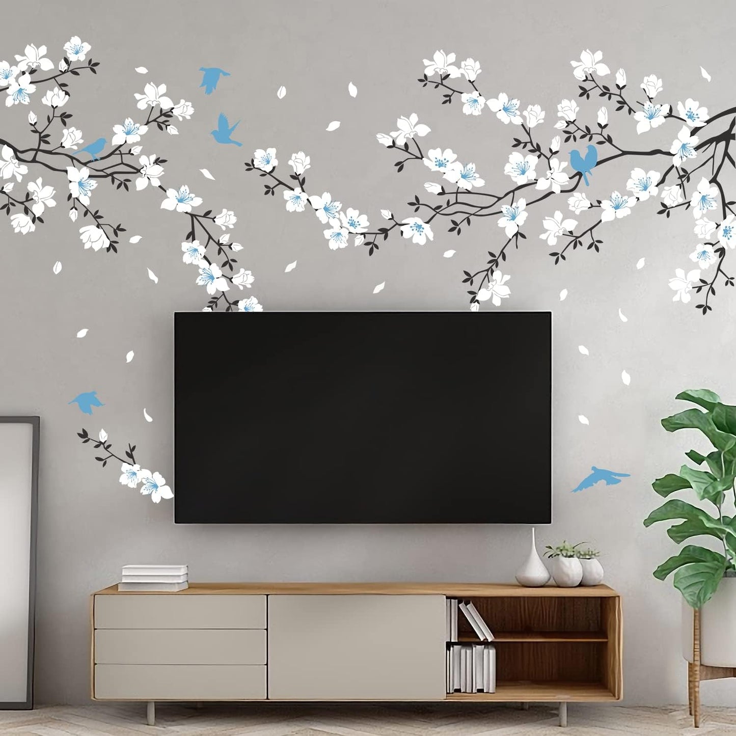 Wall Stickers / Cherry Blossom Wall Decal Birds on Tree Branch Art Sticker / Blue White Flower
