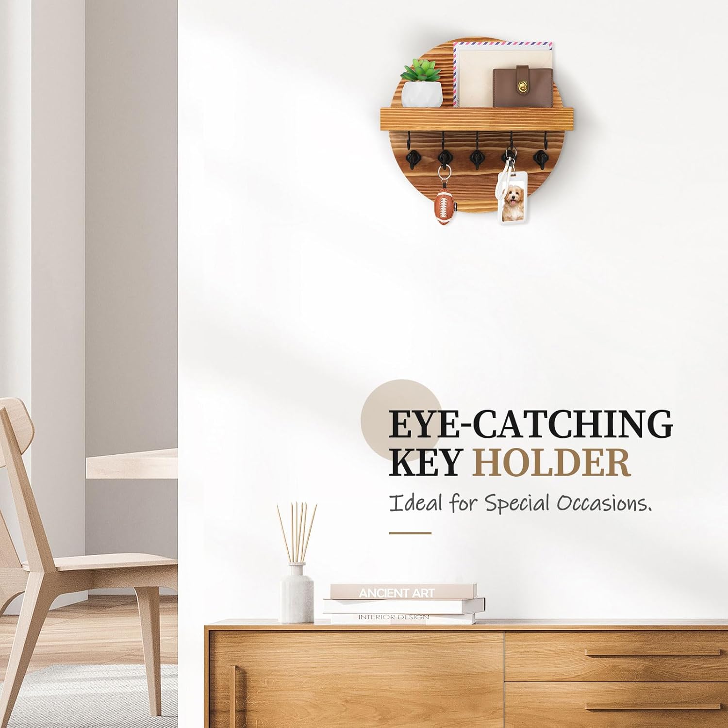 Round Wooden Rustic Wall Organizer for Entryway / Light Brown / 9.8 Inch