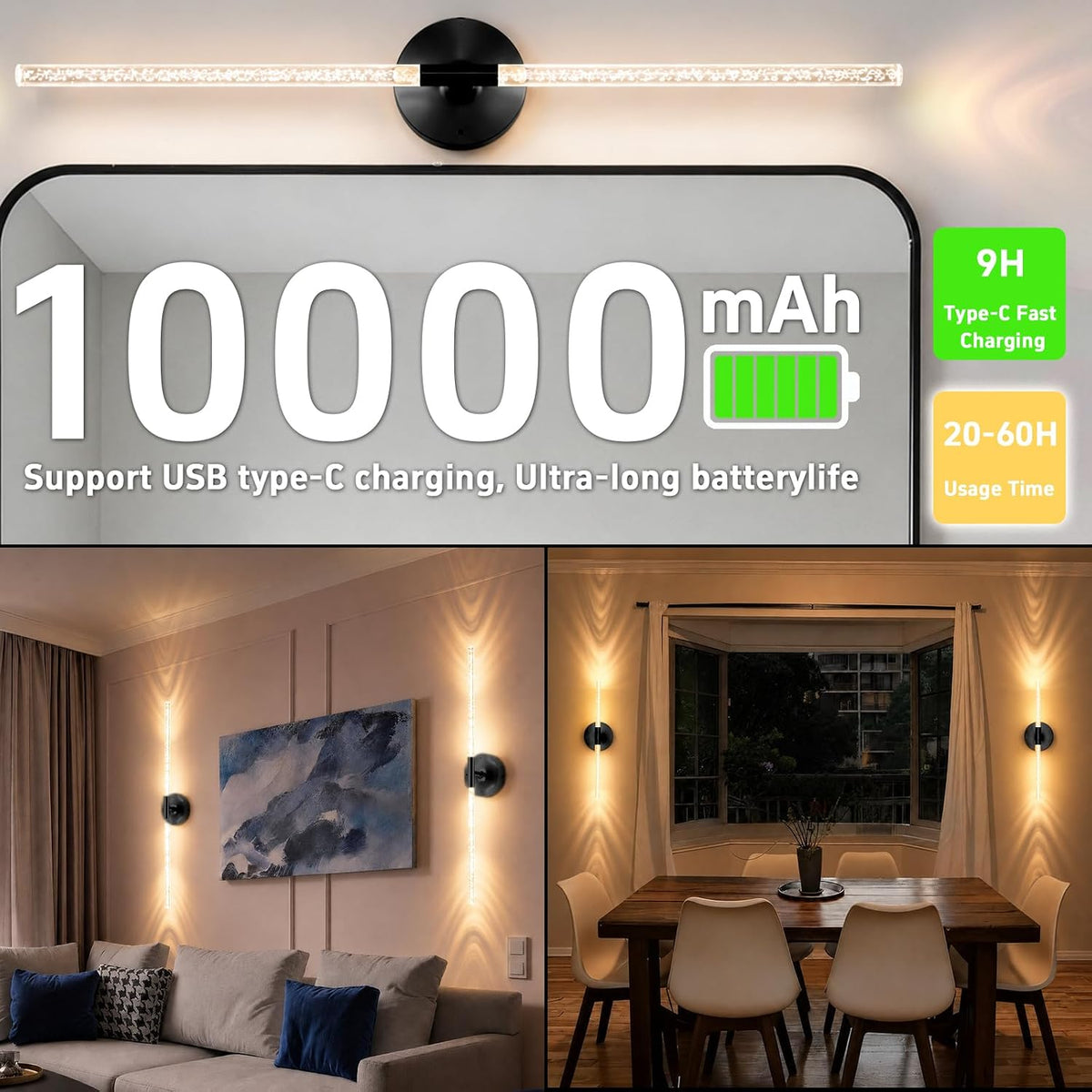 10000mAh Battery Operated Wall Sconce Lights Set of 2(Black,Bubble Crystal) | Rechargeable Wireless Wall Lights, Touch