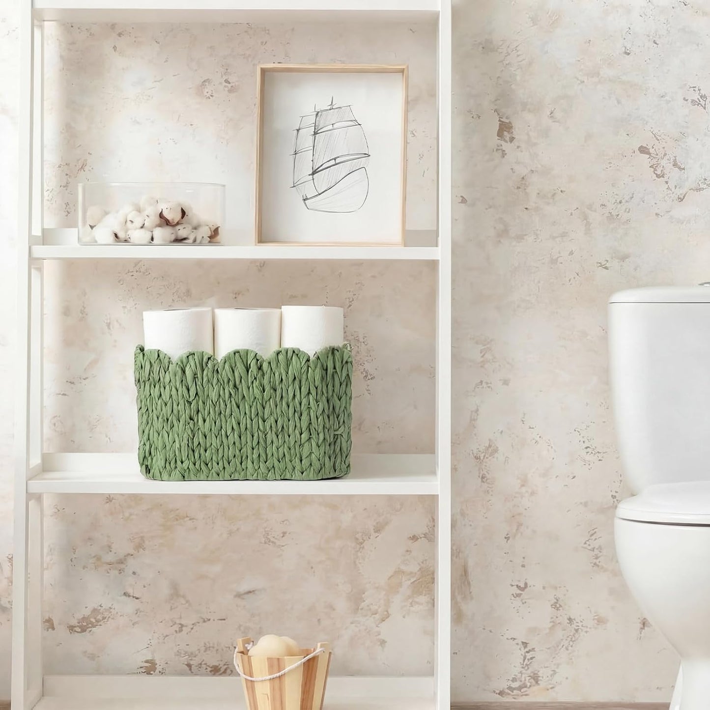 Toilet Paper Storage Basket Scalloped Woven Bathroom Basket / Sage Green / Scalloped Style / Wicker