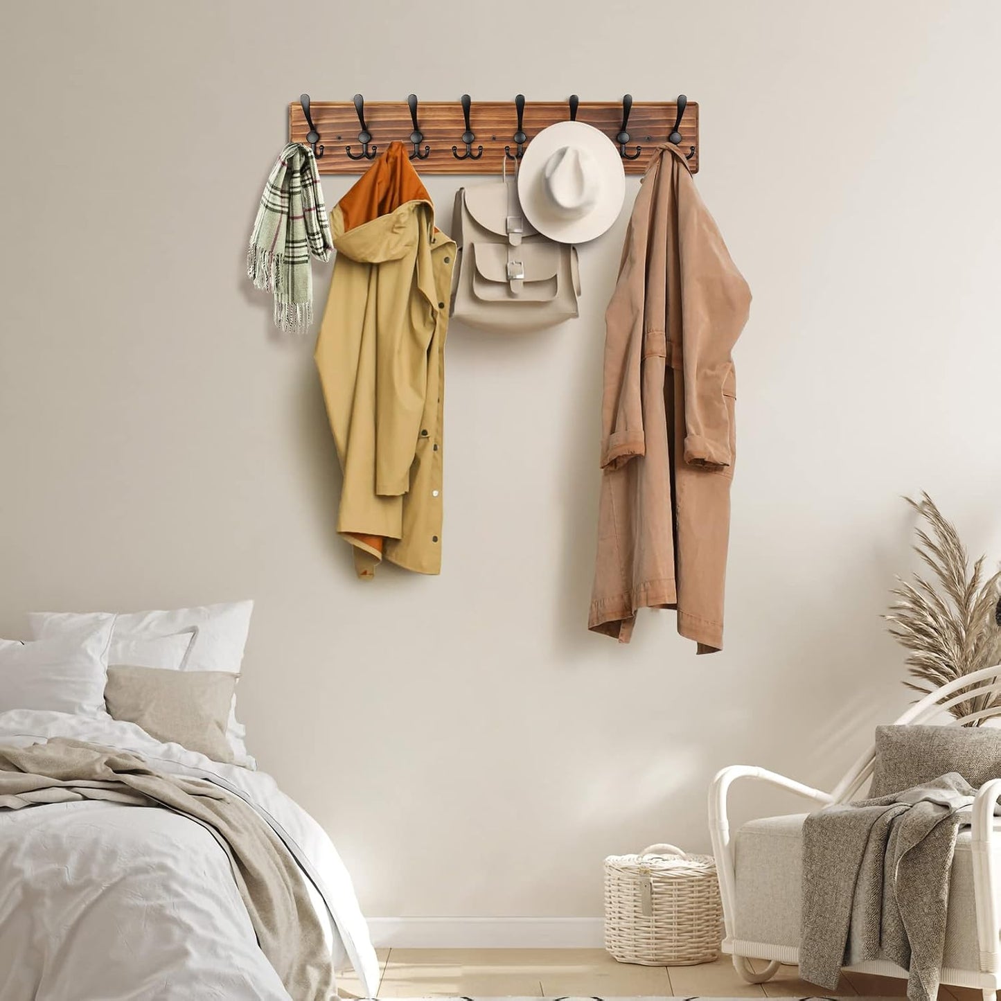 Coat Rack Wall Mount, Wooden Heavy Duty Coat Rack for Wall,8 Triple Coat Hanger Hooks for Hanging