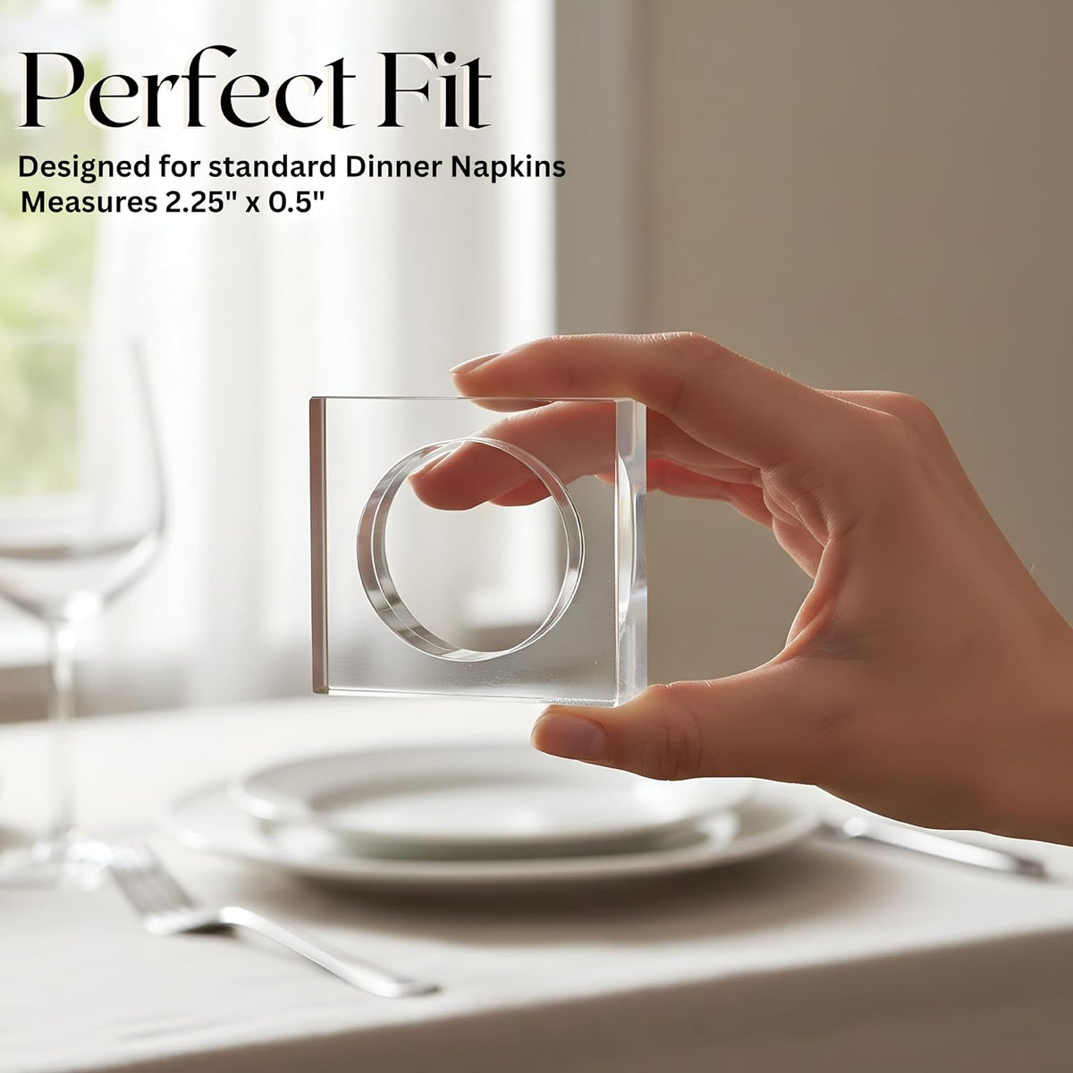Acrylic Square Napkin Rings, Beveled, 12-Pack, Clear | Premium clear acrylic, 2.25x2.25x0.5 in each, glossy