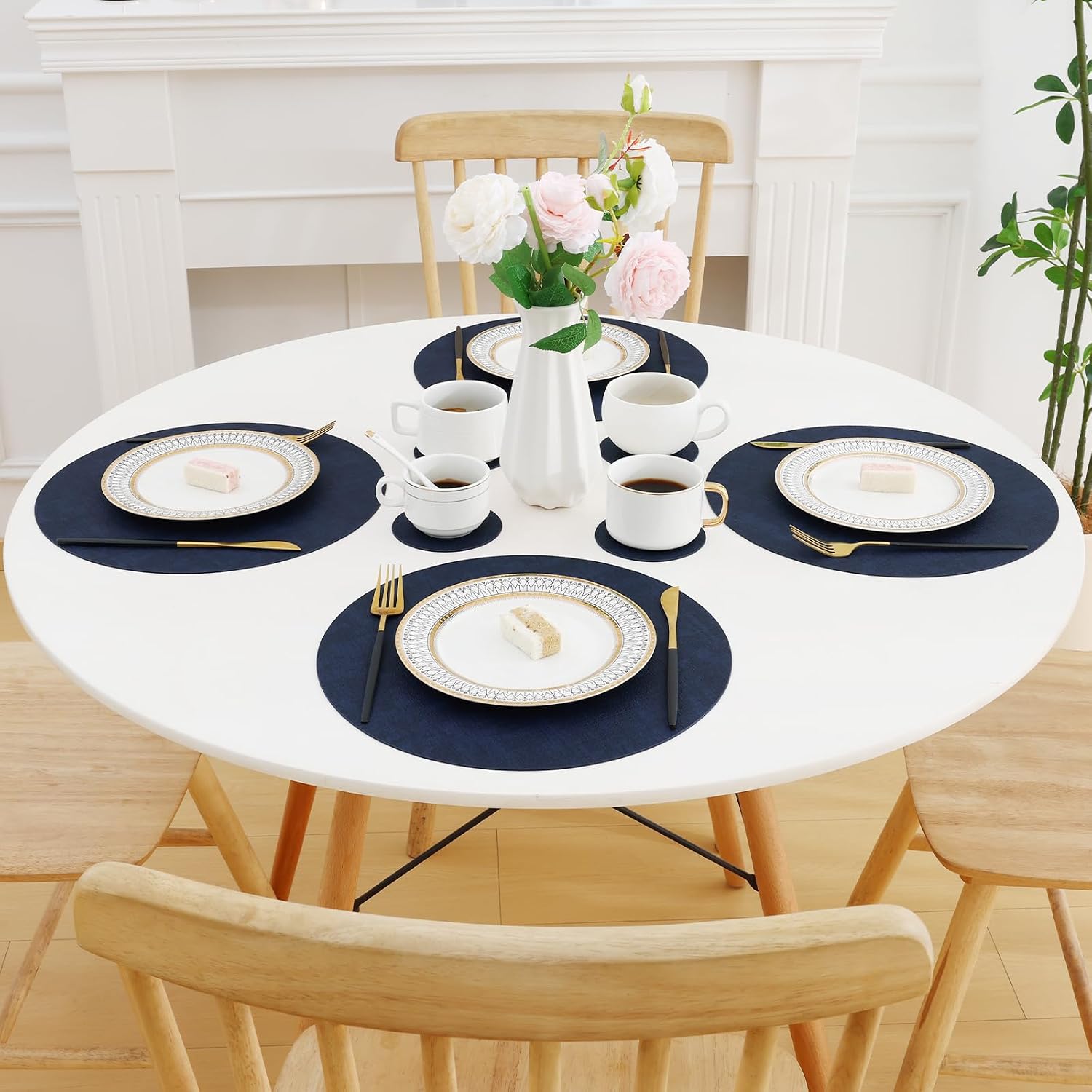 Homaxy Round Faux Leather Placemats and Coasters, Set of 6, Navy Blue | Washable Dual-side Table Mats, Wipeable Place