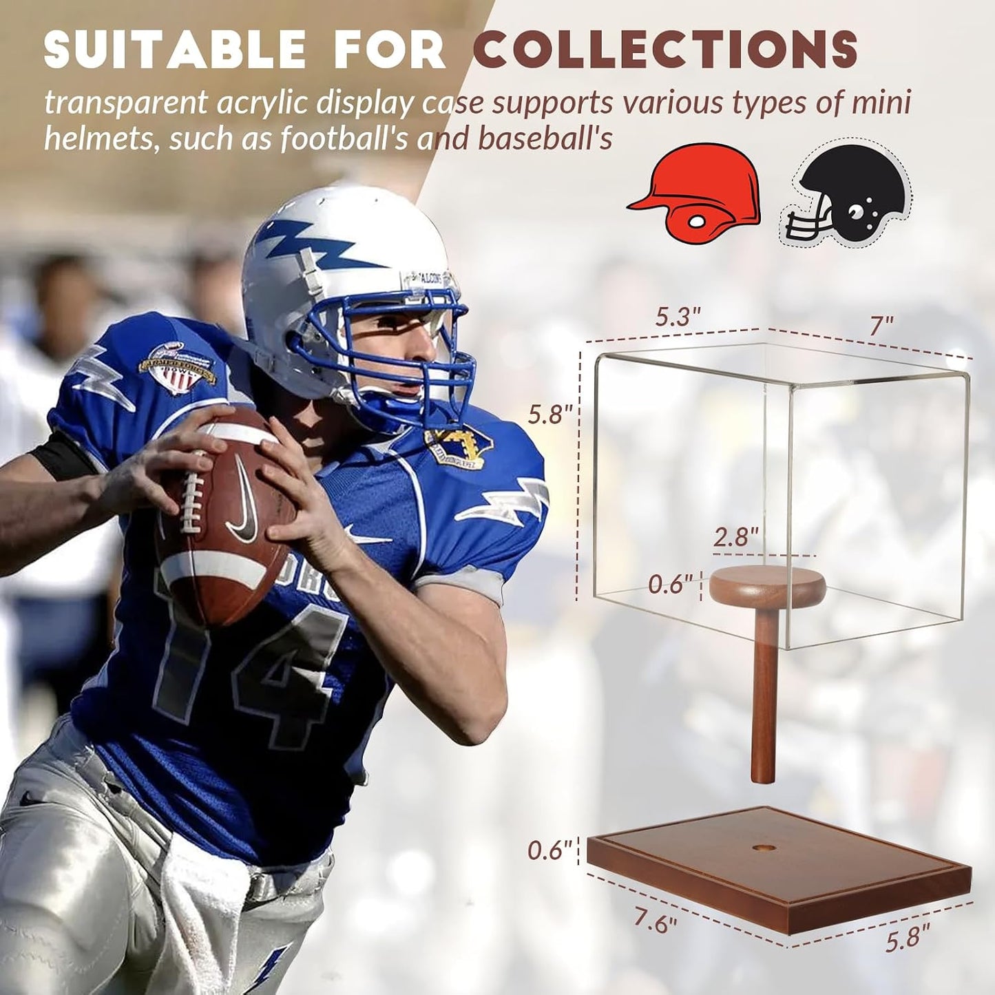 Mini Helmet Display Case, Acrylic Clear 1/2 Football Baseball Helmet Showcase, UV Protection Souvenirs and Collectibles
