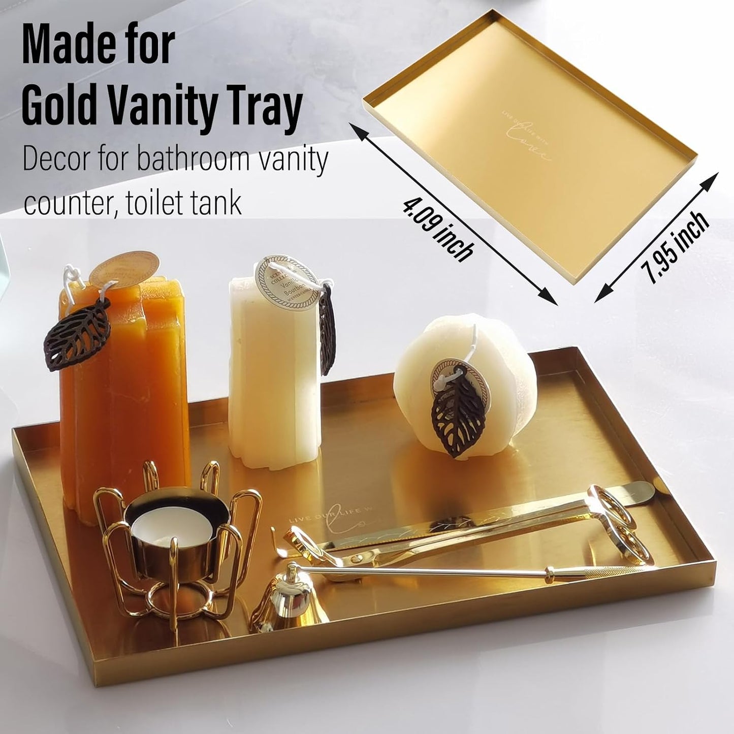 Gold Tray / Small Candle Holder / Sanding Gold / 11.9 x 8 x 0.6