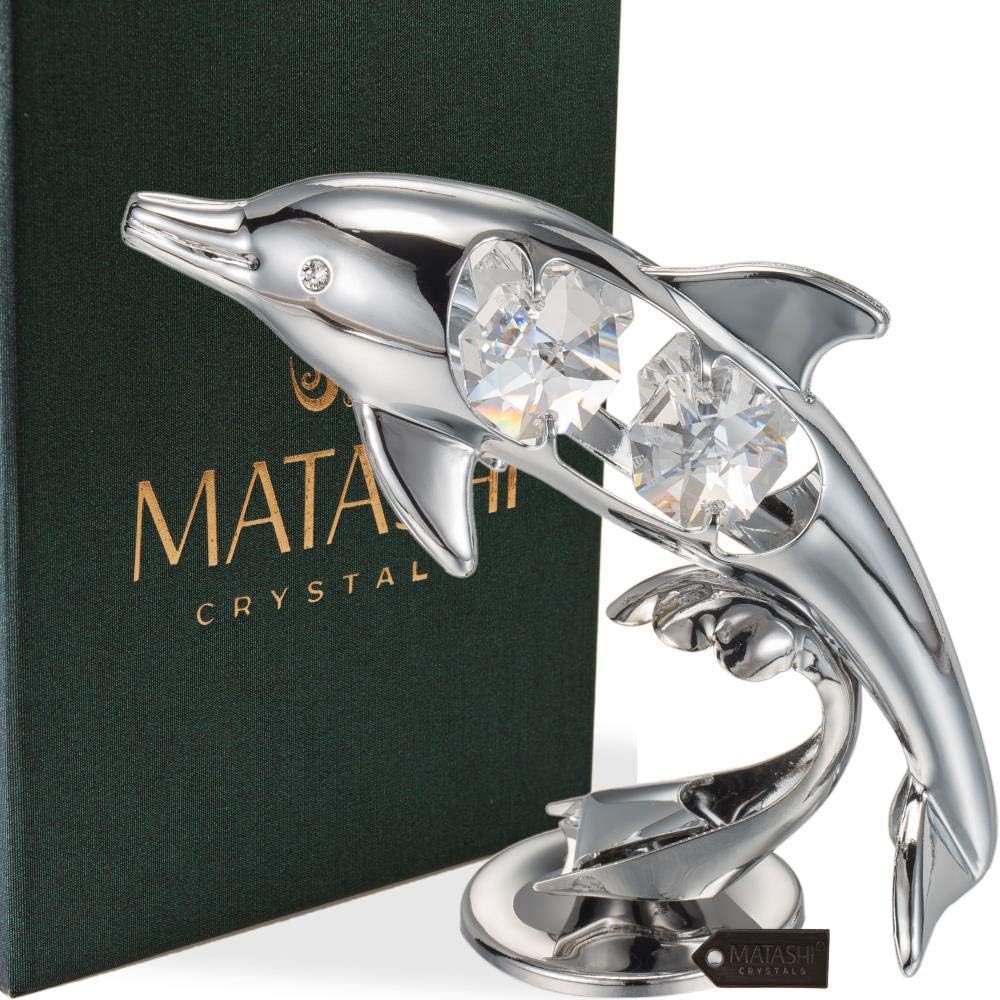 Chrome Plated Crystal Studded Dolphin Riding Wave Figurine Tabletop Ornament Decorative / Silver