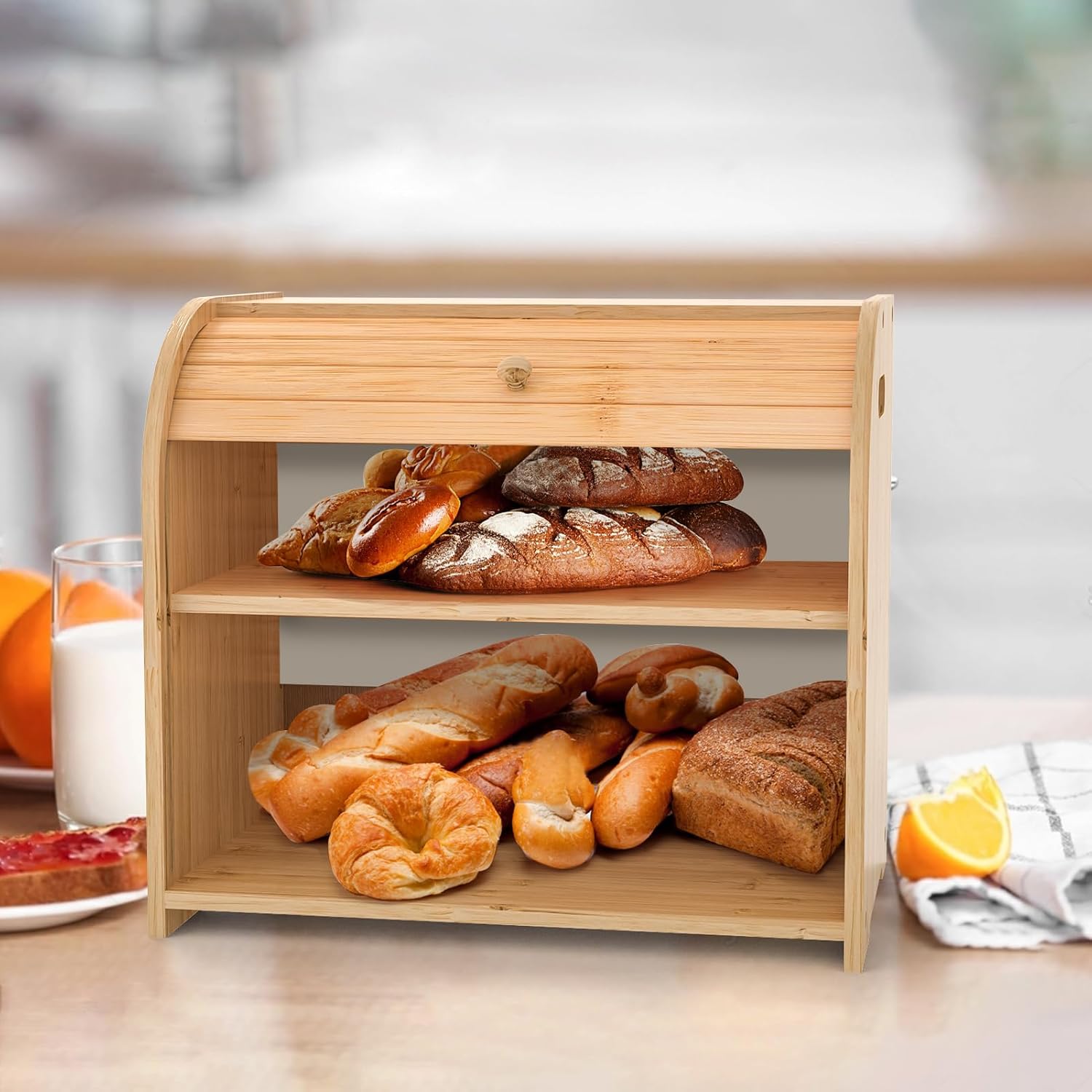 Bamboo Bread Box Roll Top for Kitchen Countertop Breadbox Storage | Roll Top Bread Box with Sliding Lid,Large Double
