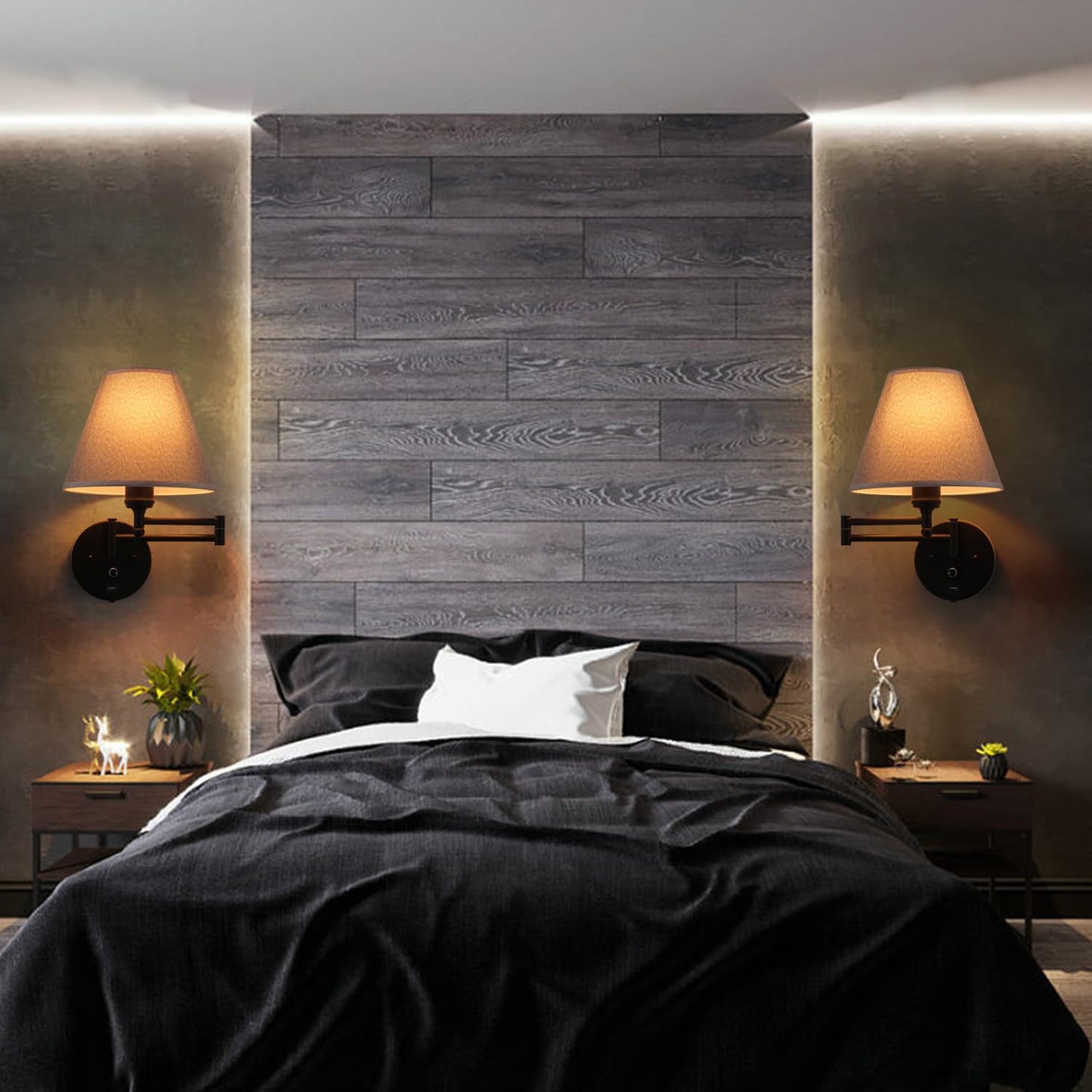 Swing Arm Wall Lamp.Wall Mount lamp with Dimmable Switch.Plug in Wall Sconces with USB Charging Port. Black Sconces