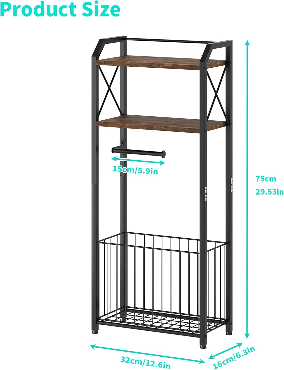 HapiRm Freestanding Toilet Paper Holder - 4-Tier Bathroom Tissue Organizer with Wood Shelves and Large Basket, Toilet