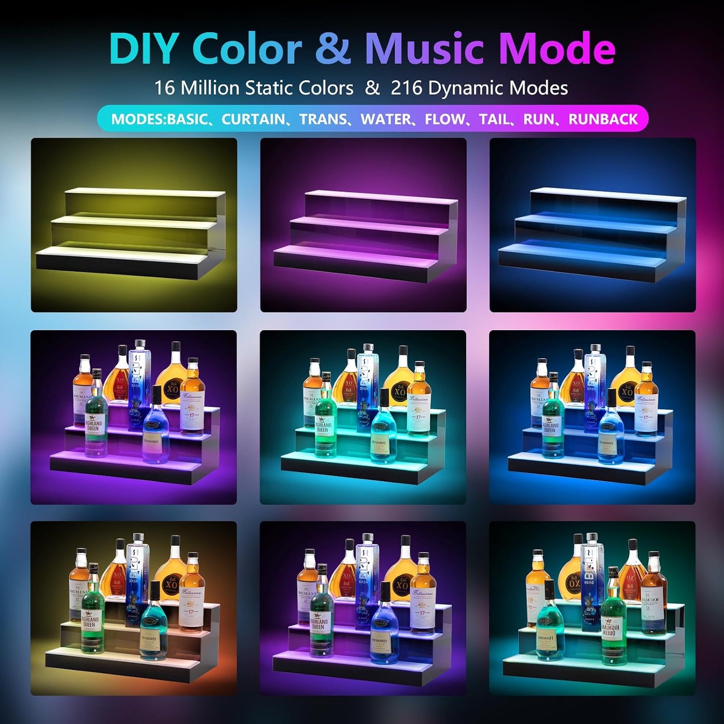 Led Lighted Liquor Bottle Display Shelf, 24 Inch 3 Tier Whiskey Rack, Support USB, Bar Stand with RF Remote & App
