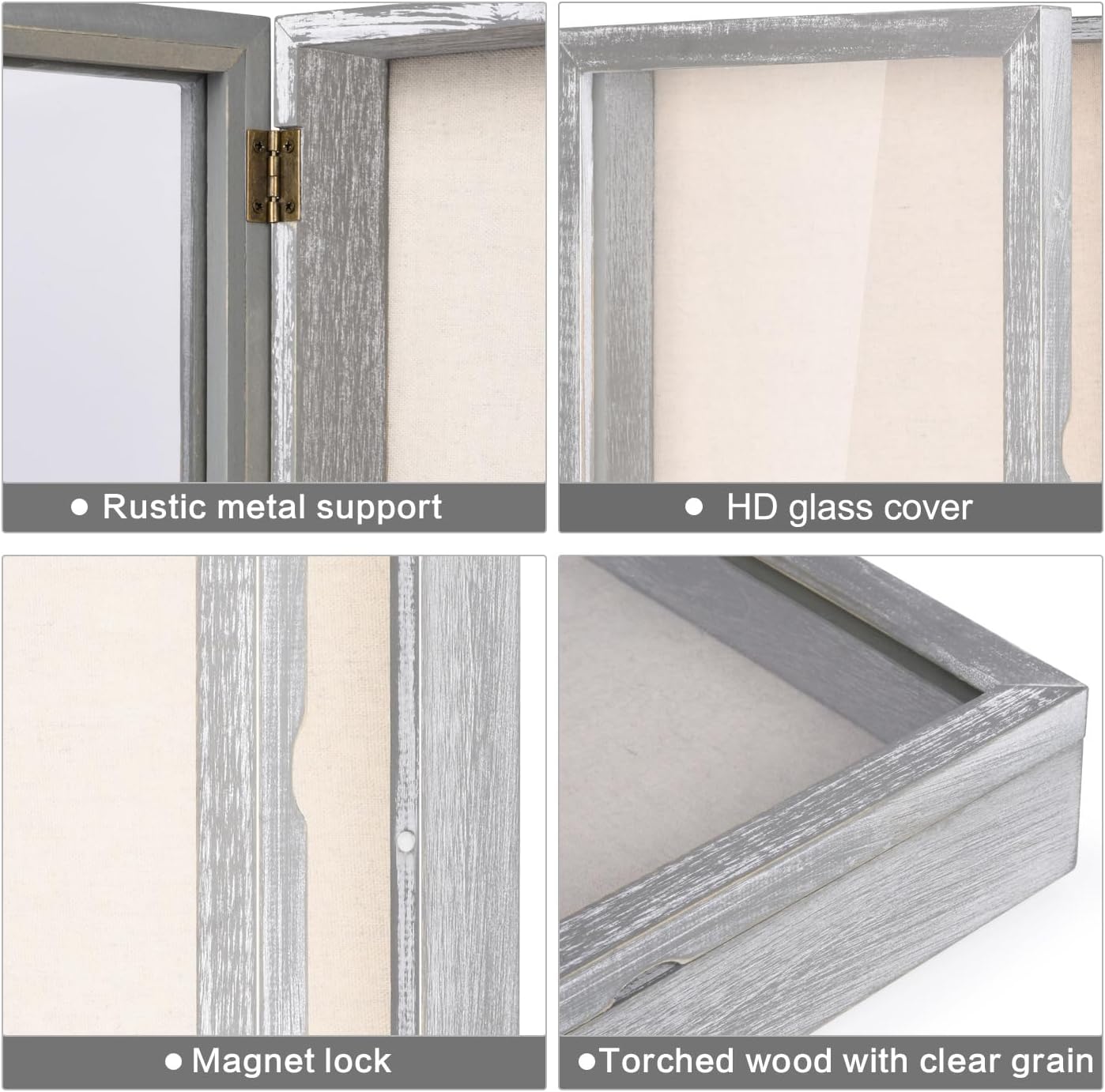 Love-KANKEI Deep Shadow Box 11x14,Solid Wood Frame,Memory Box,Rustic Grey | Front-Opening Glass Magnetic Door,Linen