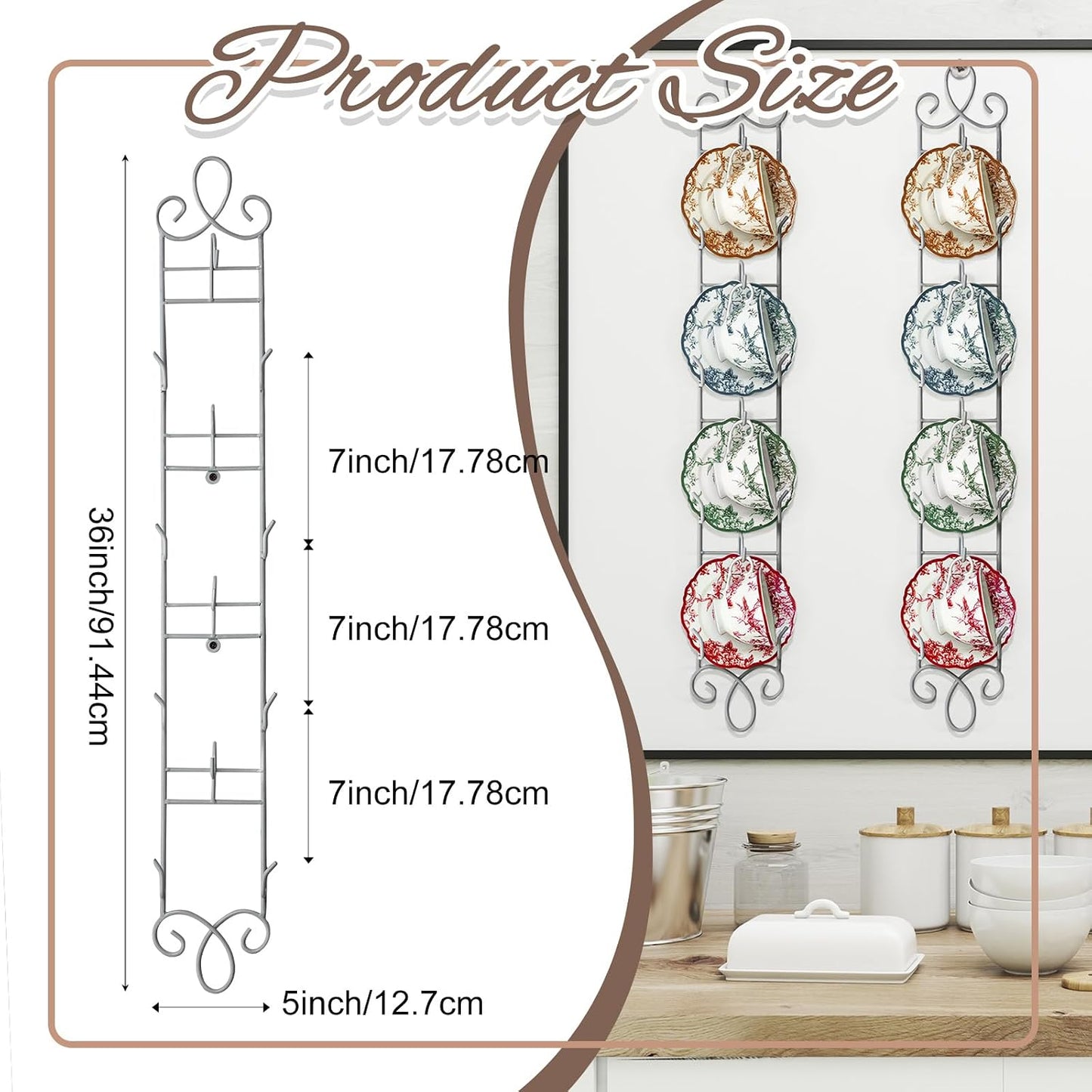 Blulu 4 Pcs Wall Mounted Tea Cup & Saucer Display Rack 4 Tiers,White | 36 x 5 Inch Vertical Metal Mug & Plate Hanger