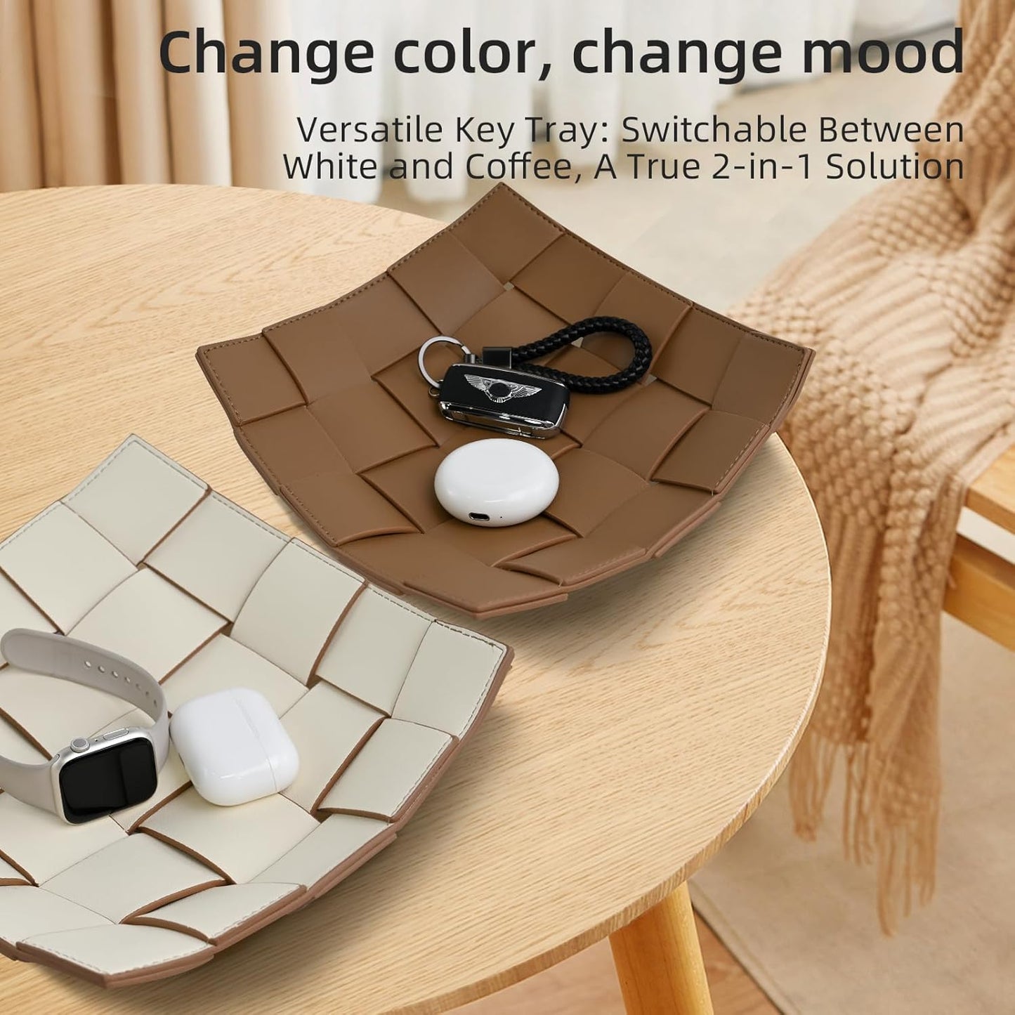 Valet Tray PU Leather Key Bowl for Men Women Entryway Table Nightstand Catchall EDC / Coffee + White