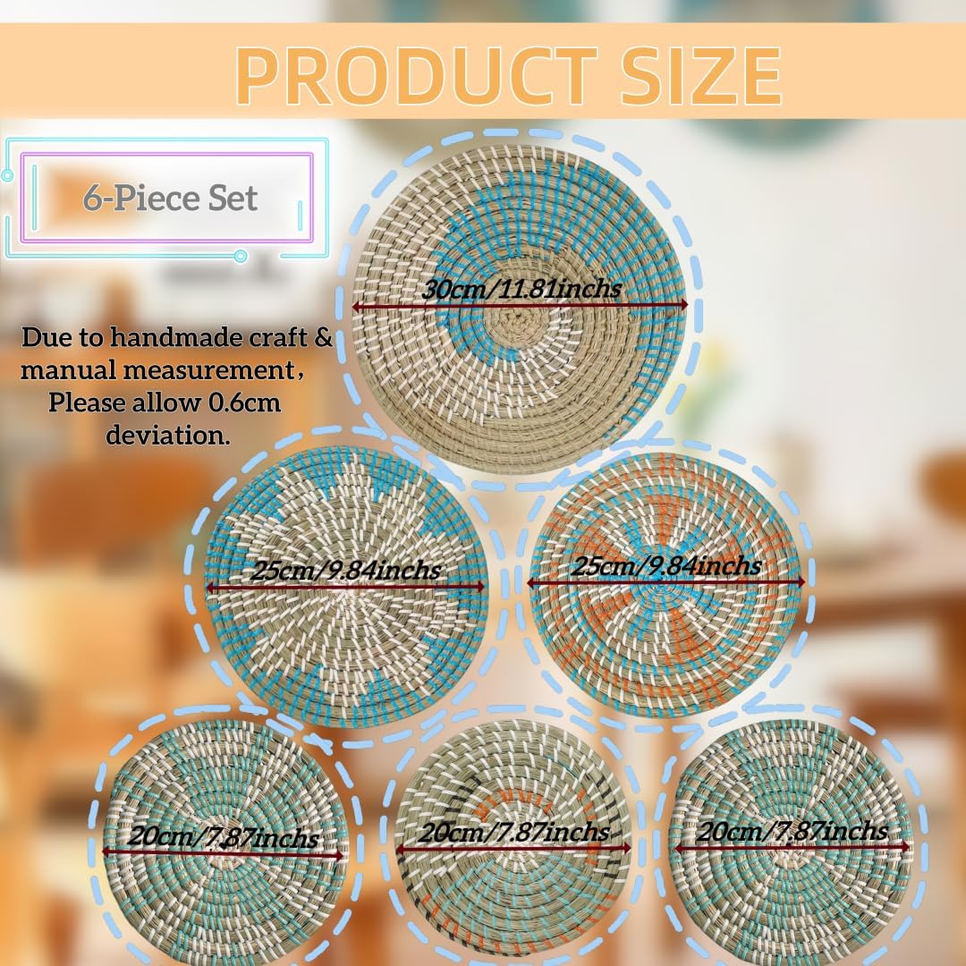 Boho Wall Basket Decor- Rattan Wicker Wall Basket Decorative Round Handmade Hanging / Set of 6