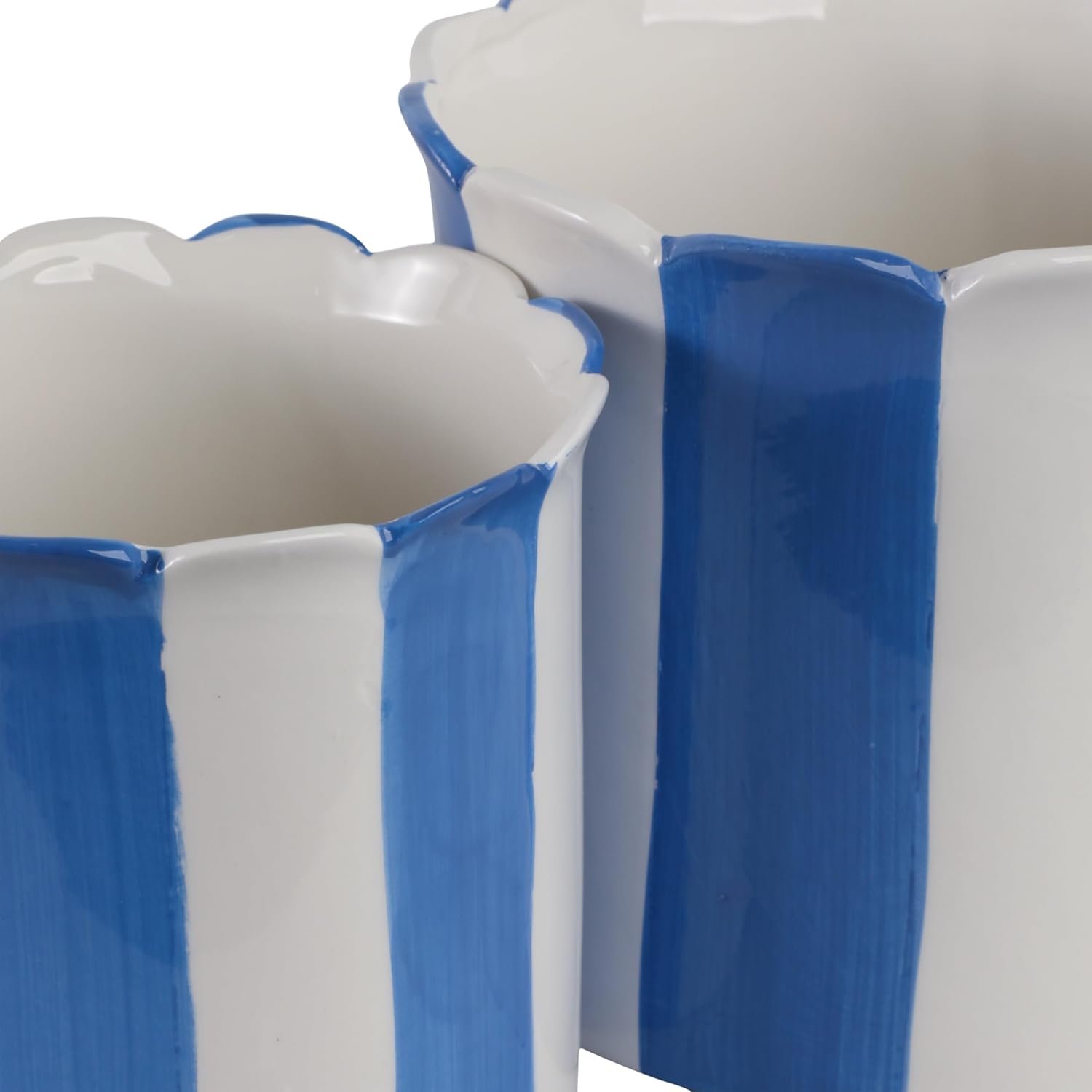 Flower Pots / Decorative Striped Scallop Edge Planters Accent / 7 Inches / Blue