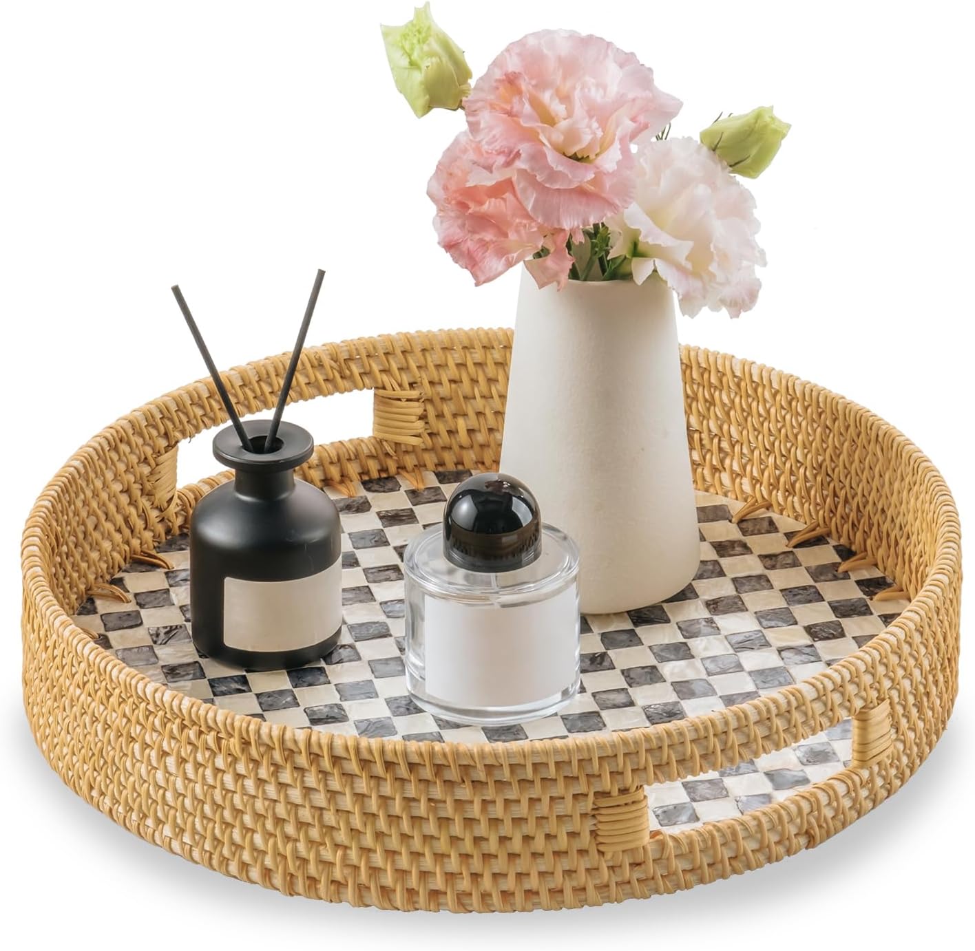 in Round Rattan Serving Tray / Black / 13.8 Inch