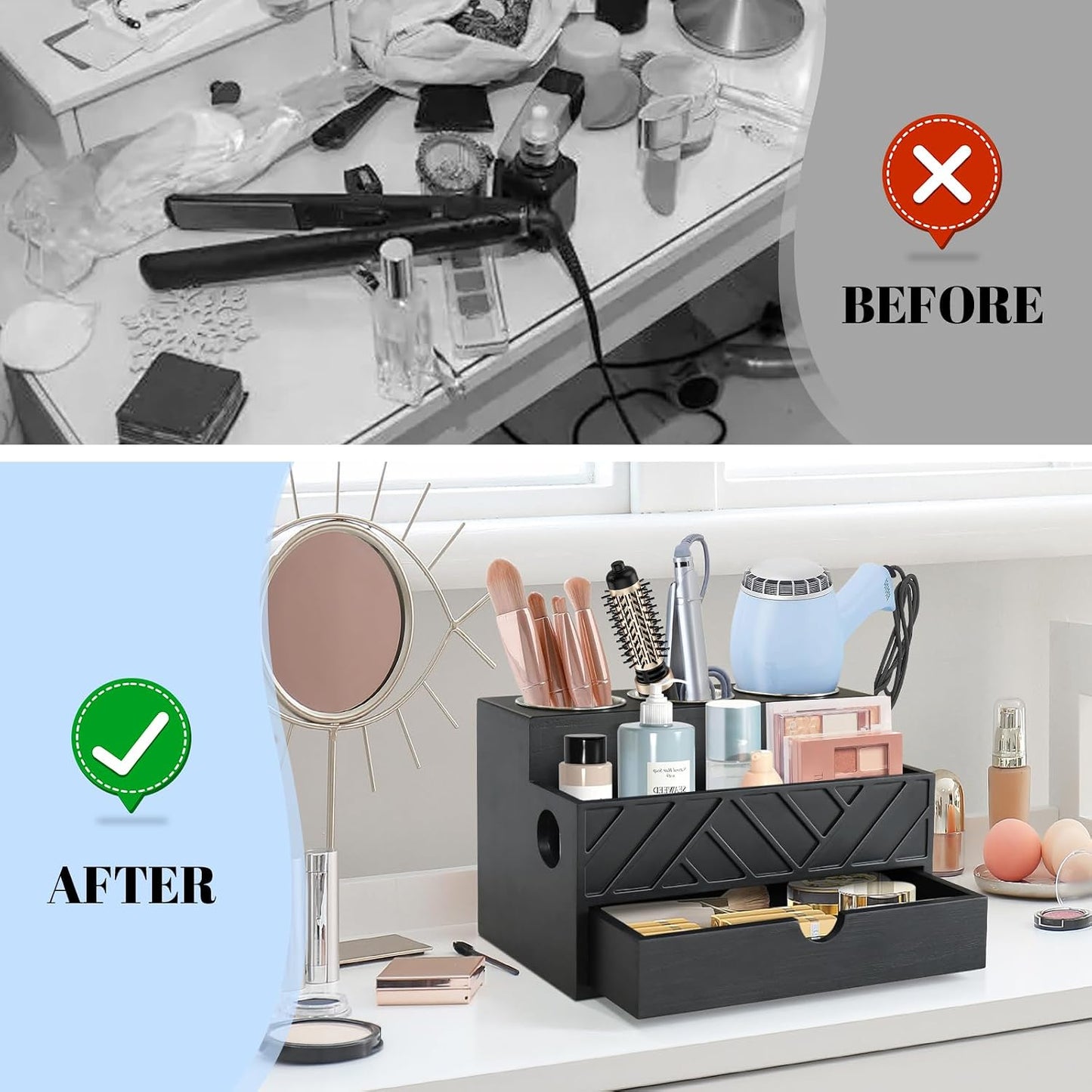 Hair Tool Organizer, Hair Dryer Holder with Drawer, Bathroom Countertop Organizer for Bathroom Accessories, Blow Dryer
