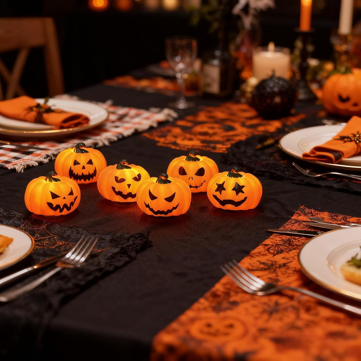 Wondise 6Pack Halloween Pumpkin Tea Lights with Remote and Timer | Battery Operated LED Orange Jack-O-Lantern Candles