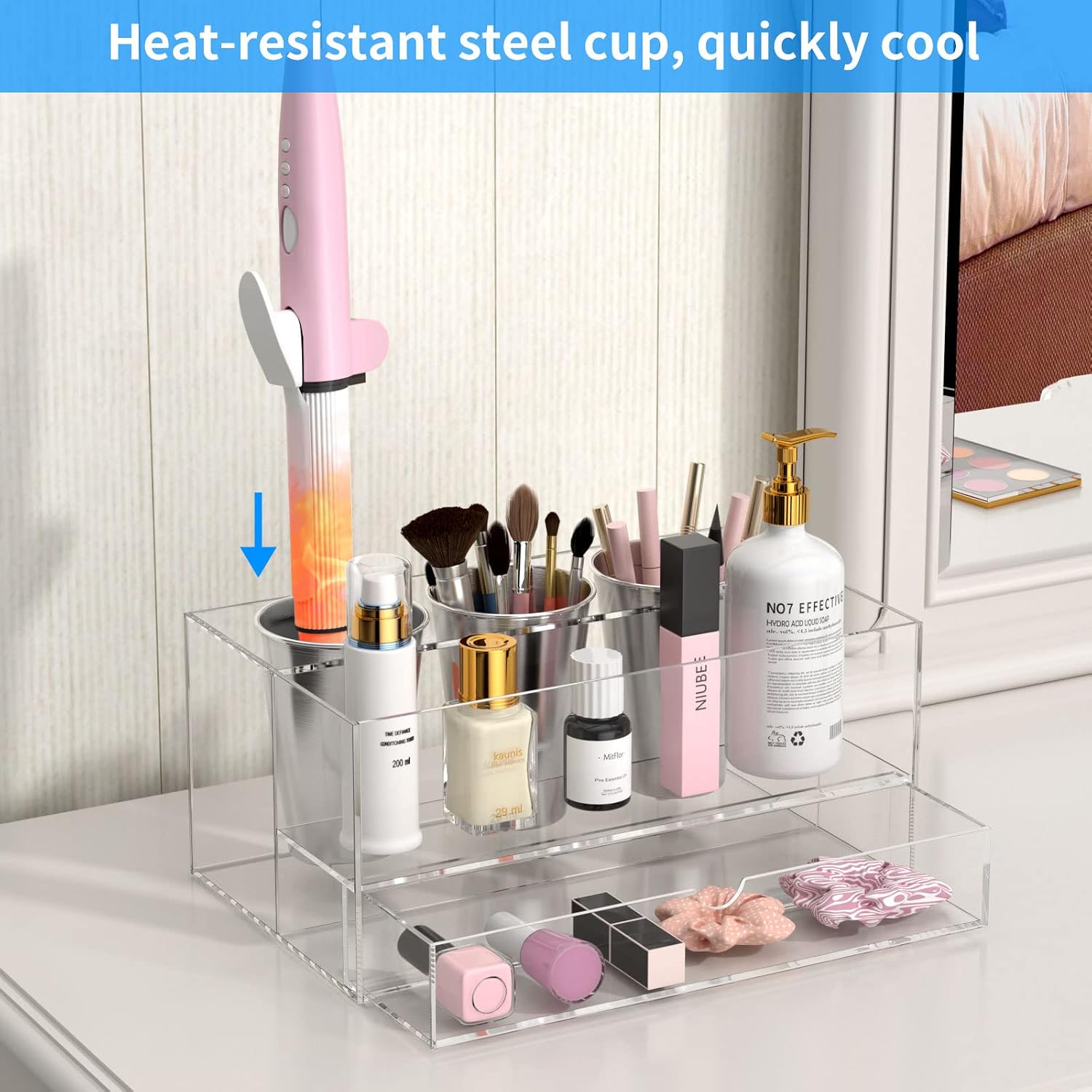 NIUBEE Acrylic Hair Tool Organizer with Drawer, Hair Dryer Holder Organizer | Clear, Hot Tools Organizer Countertop