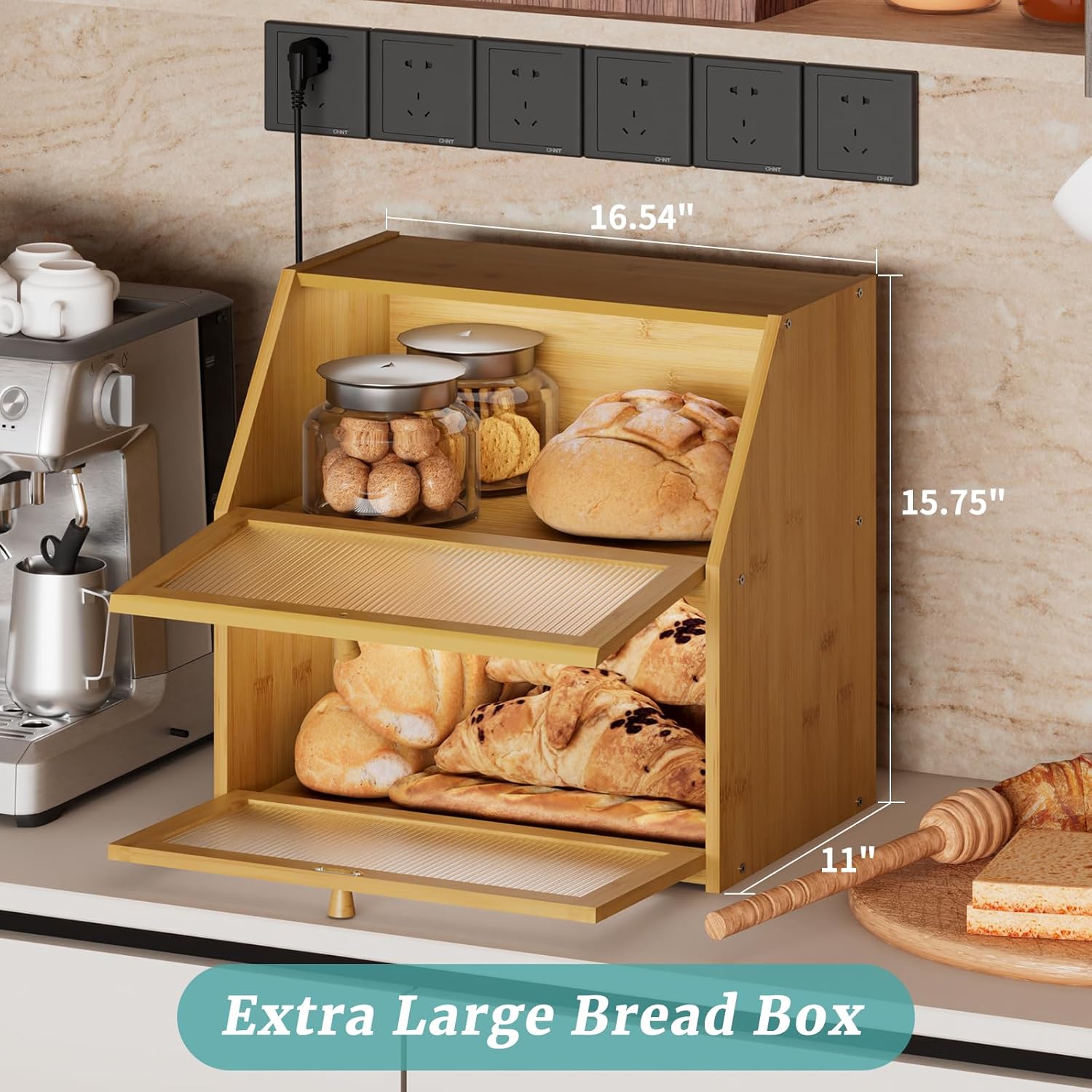 Extra Large Bread Box for Kitchen Counter, Bamboo Wood Double Layer Bread Box for Kitchen Counter, Wooden Capacity