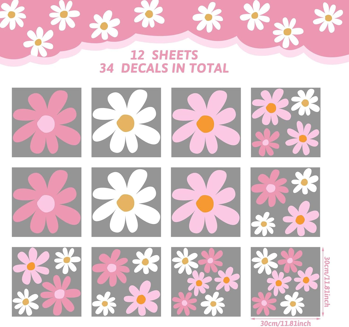 12 Sheet Daisy Wall Sticker Decal Removable Daisy Bedroom Room Decor / Vibrant Style / Pink Color