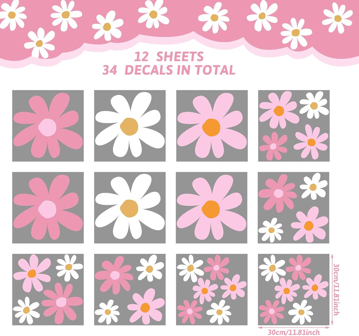 12 Sheet Daisy Wall Sticker Decal Removable Daisy Bedroom Room Decor / Vibrant Style / Pink Color