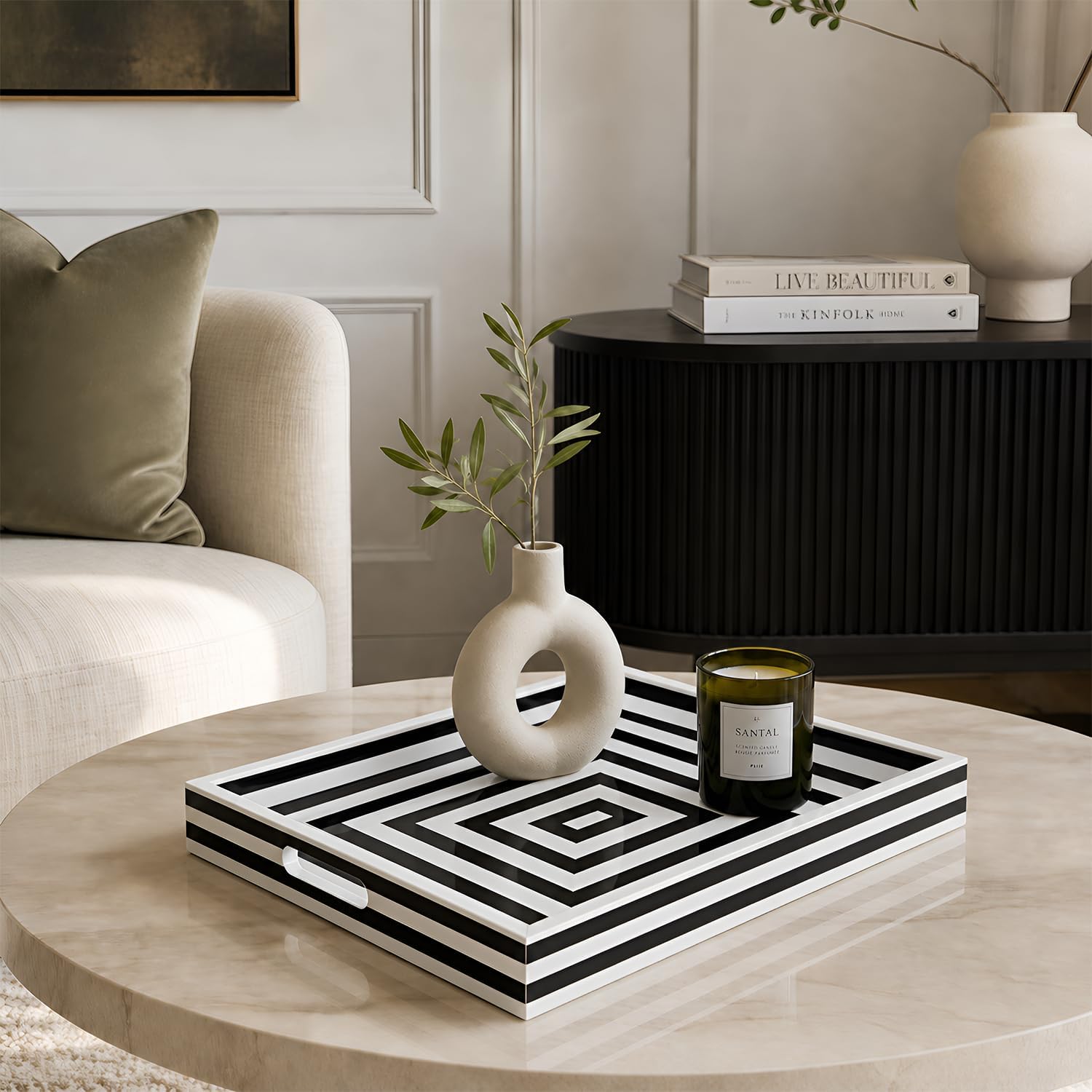 Decorative Tray / Black and White Resin Inlay Concentric / 12 x 12 x 1.7 / Black & White