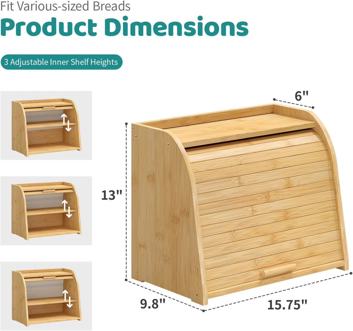 Roll Top Bread Box for Kitchen Countertop, 2-Tier Large Bamboo Wood Bread Box, Wooden Corner Bread Storage Capacity