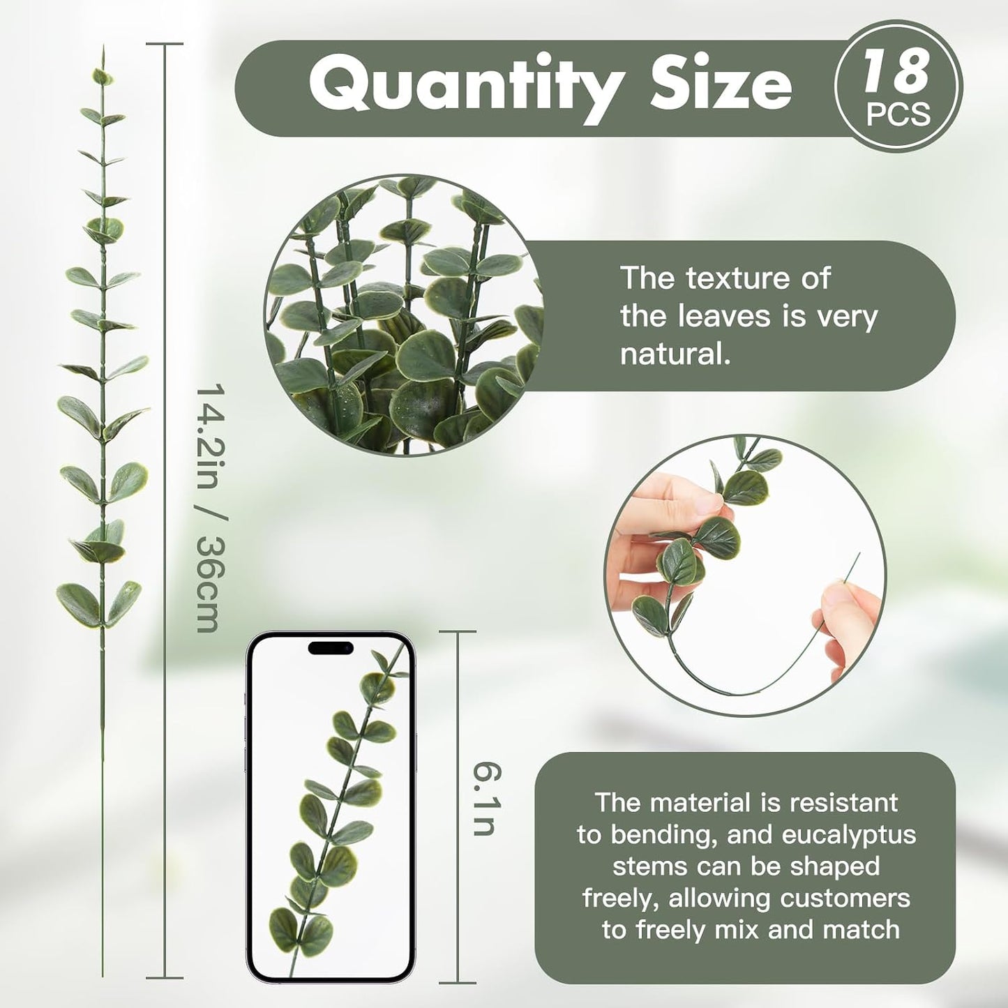 Eucalyptus Stems Greenery Stems Fake Leaves Artificial Flowers Bouquet Faux / Dark Green / Set of 18