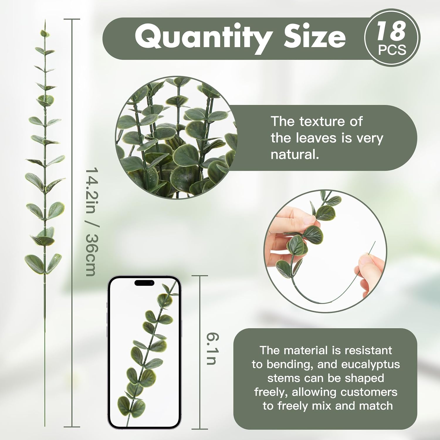 Eucalyptus Stems Greenery Stems Fake Leaves Artificial Flowers Bouquet Faux / Dark Green / Set of 18