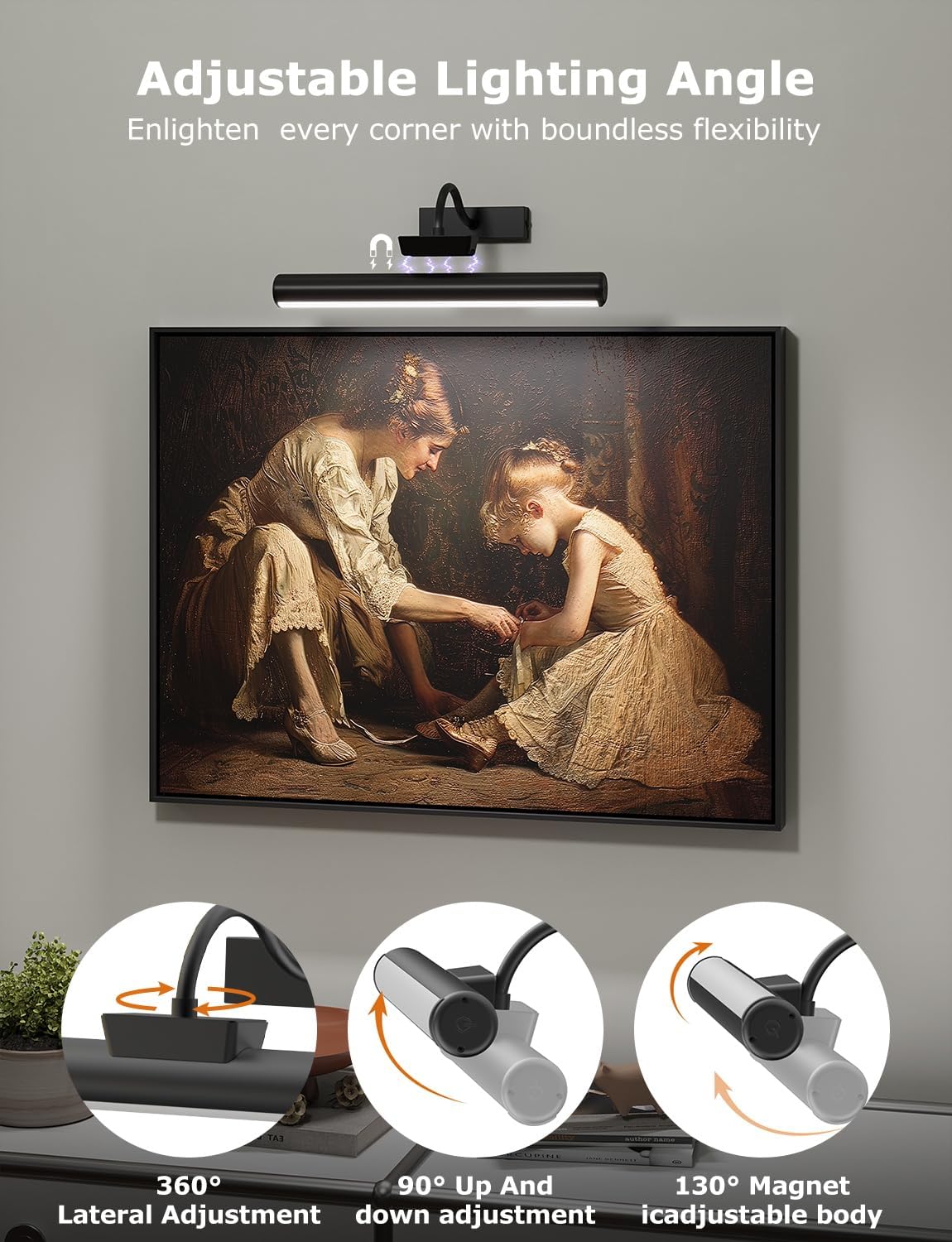 16" Wireless Picture Lights for Wall, Rechargeable Art Light, 2Pack Black | Aluminum Photo Frame Light, Remote & Touch